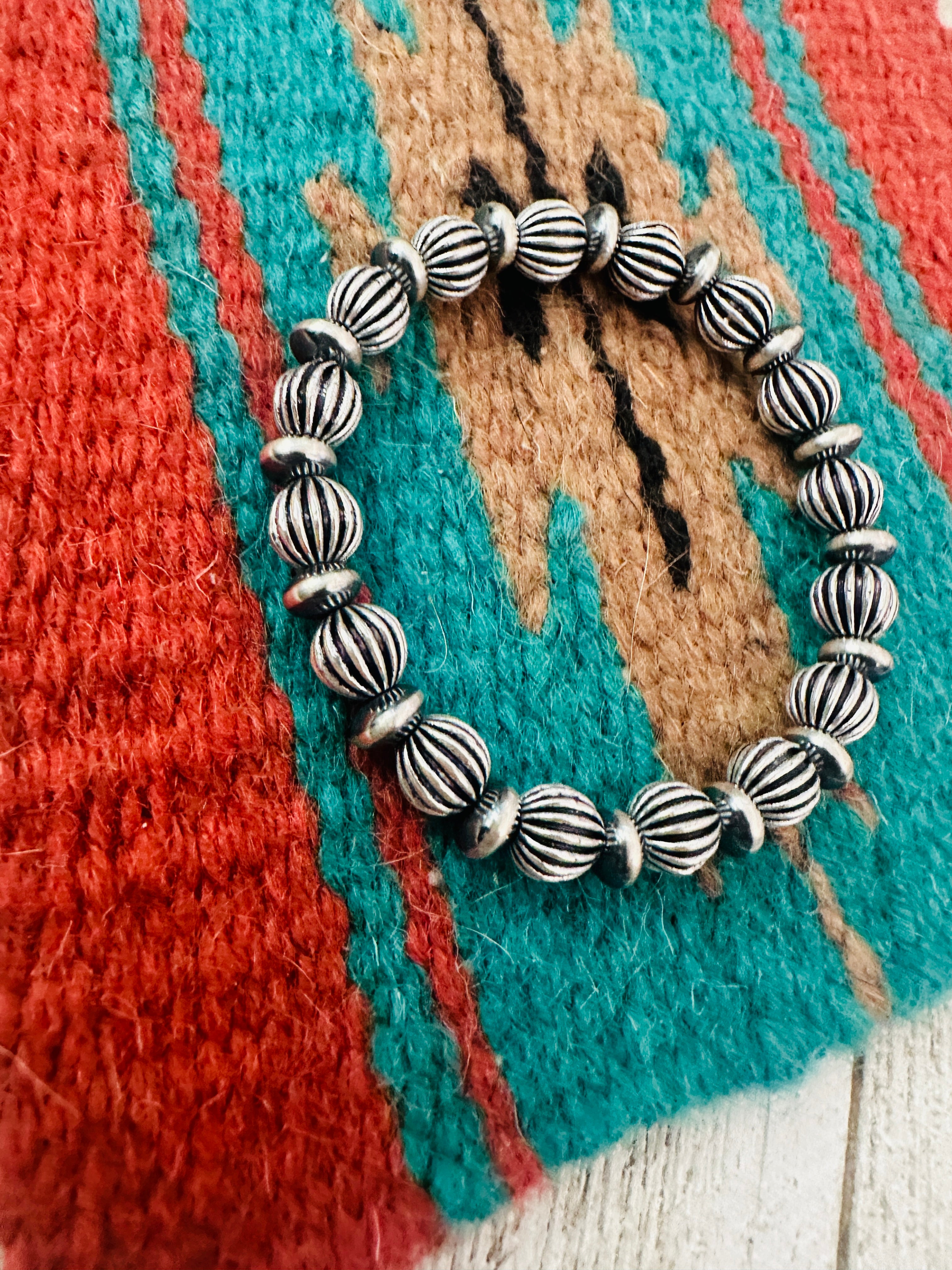 Navajo 8mm Sterling Silver Beaded Stretch Bracelet