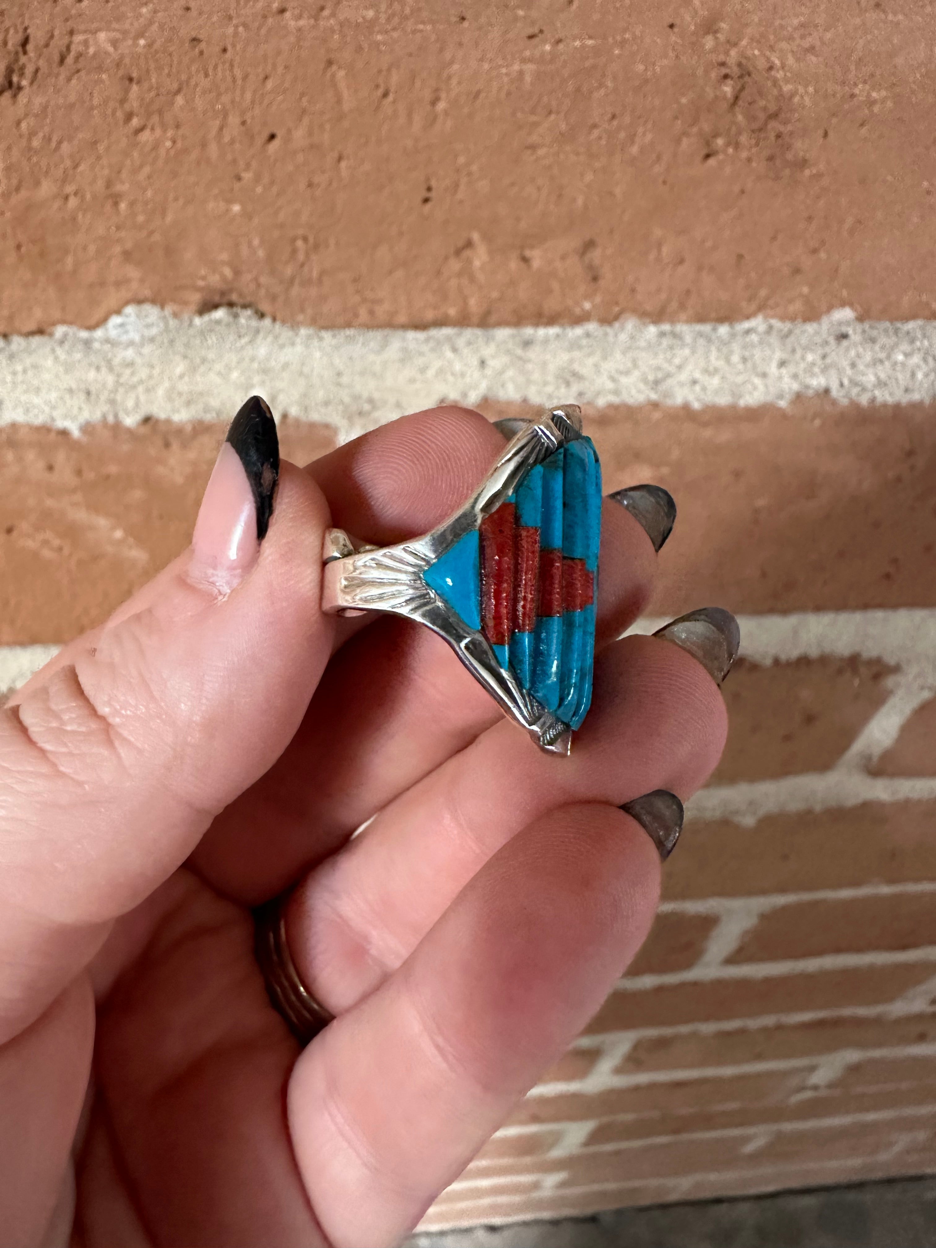 Beautiful Handmade Turquoise, Coral, And Sterling Silver Adjustable Ring Signed Nizhoni