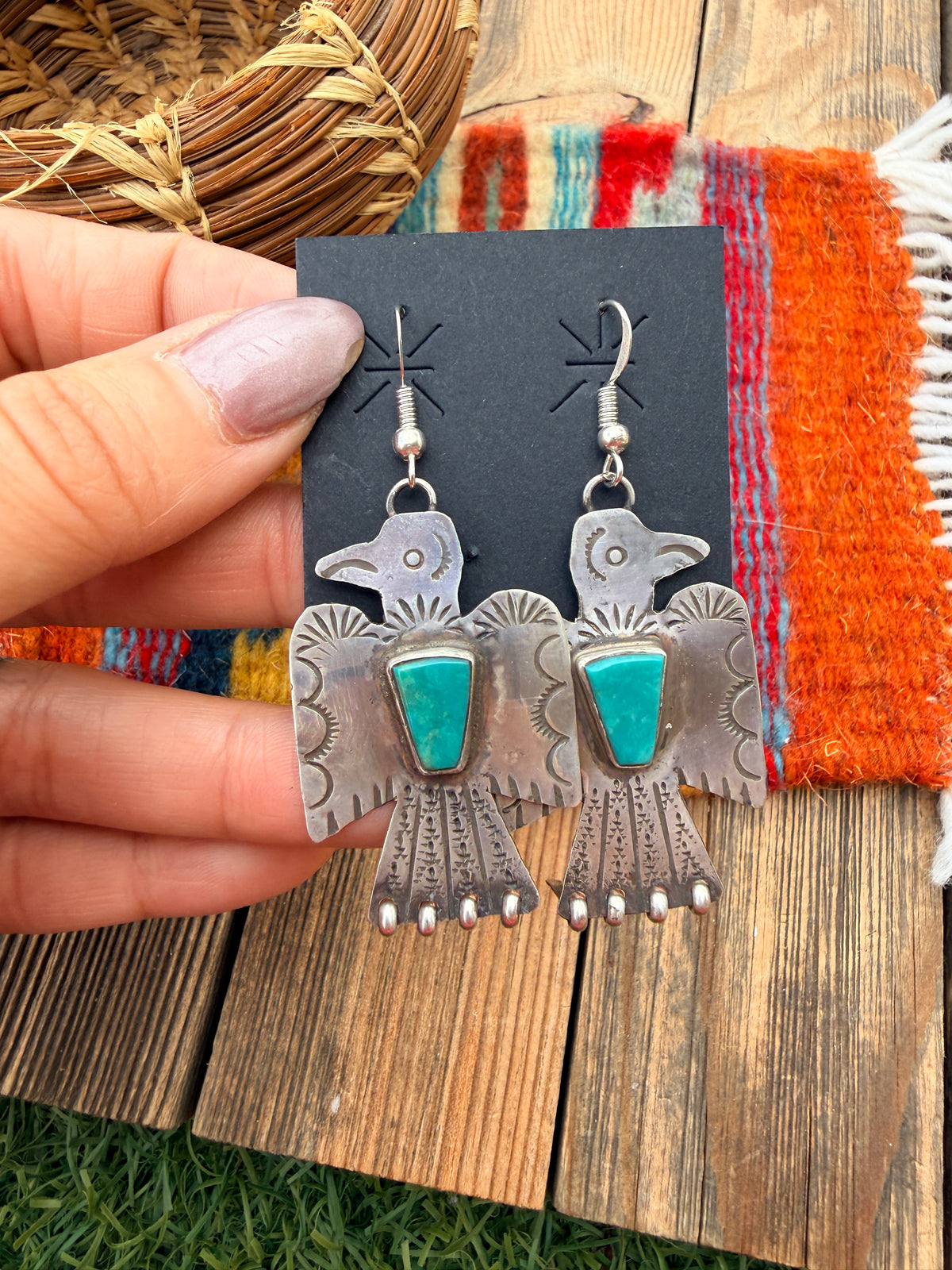 Handcrafted Sterling Silver & Turquoise Thunderbird Dangle Earrings by Vernon Begay