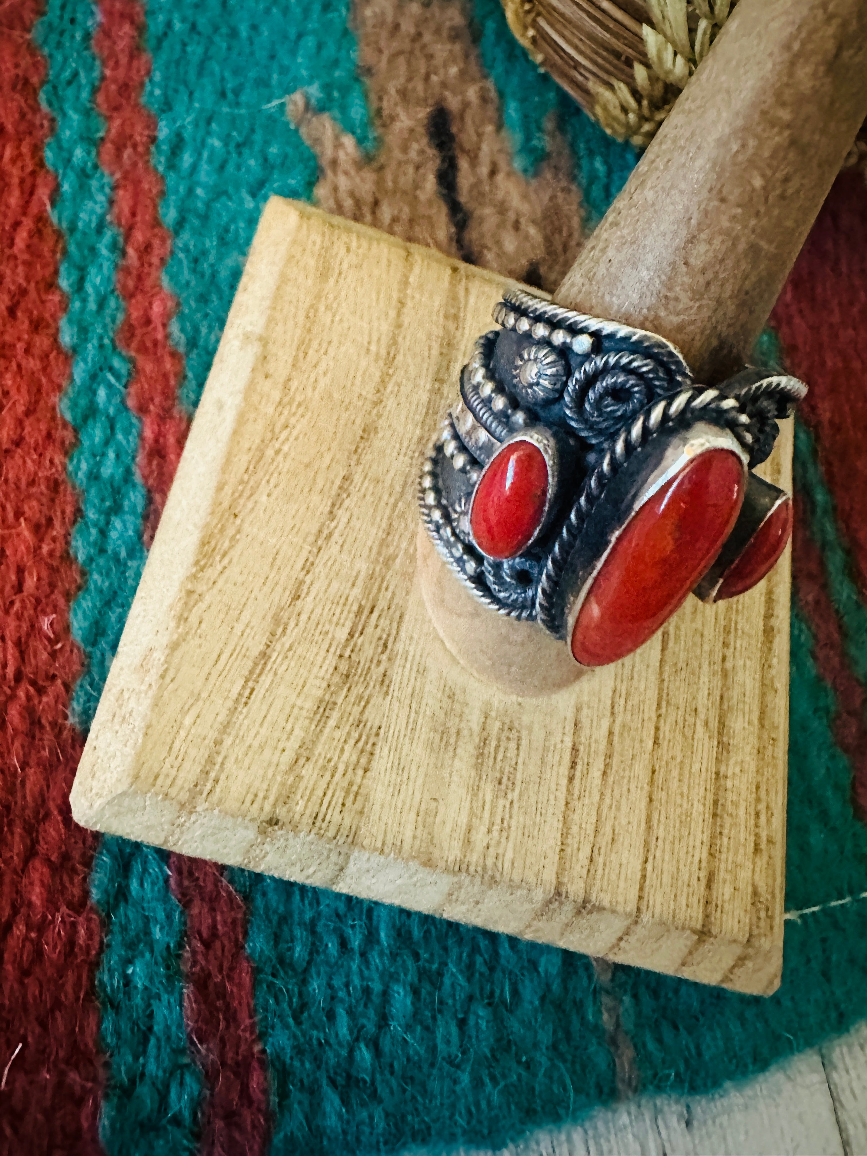 Navajo Sterling Silver and Coral Ring Size 10 by Hemerson Brown