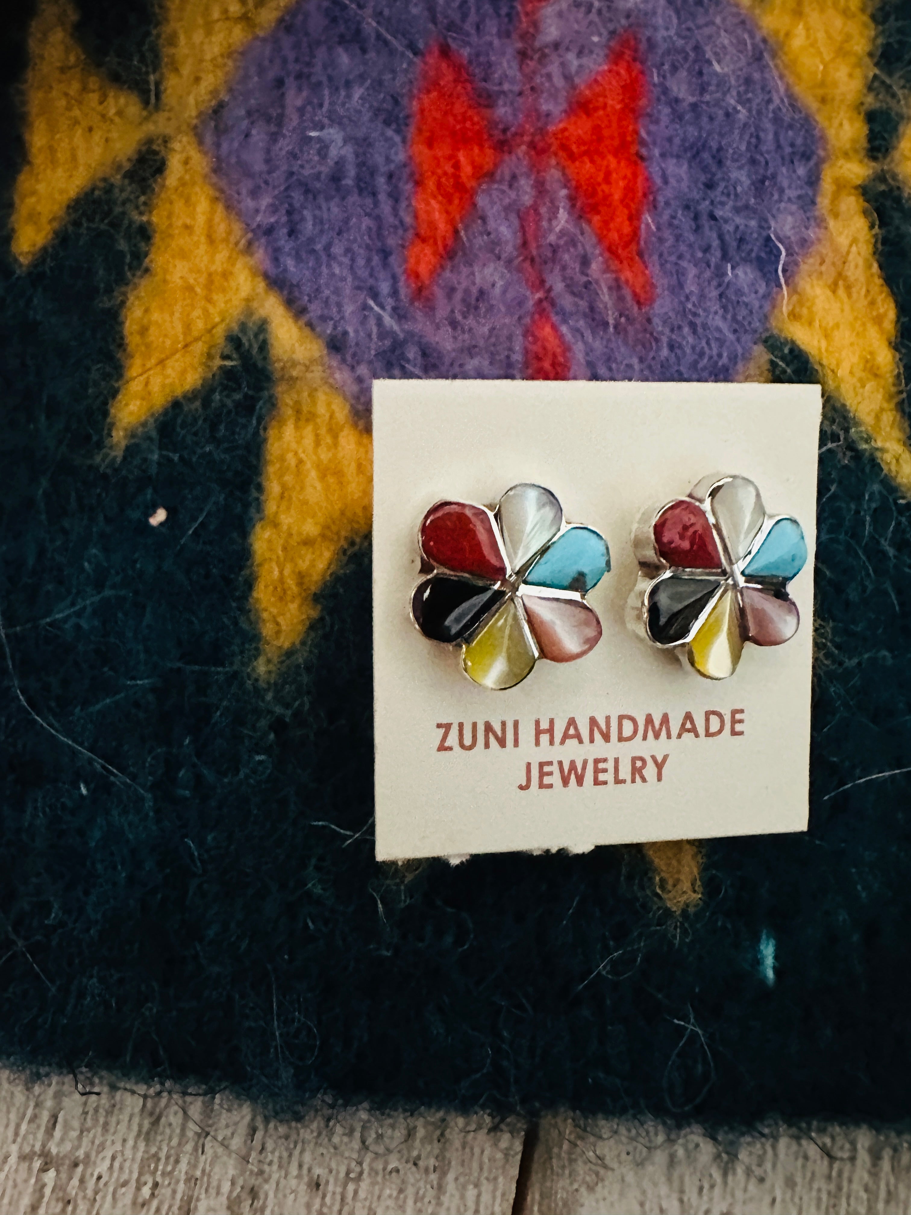 Zuni Multi Stone & Sterling Silver Flower Stud Earrings