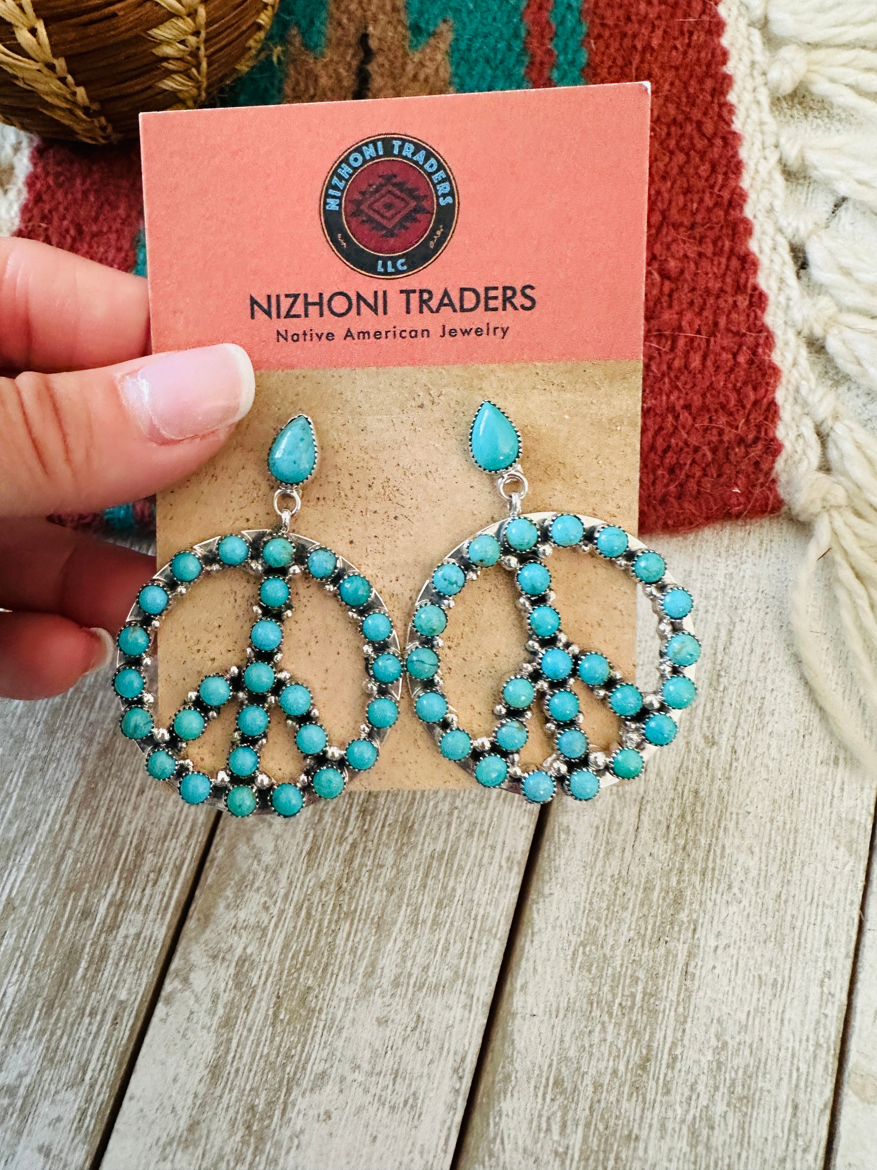 Handcrafted Turquoise & Sterling Silver Peace Sign Dangle Earrings