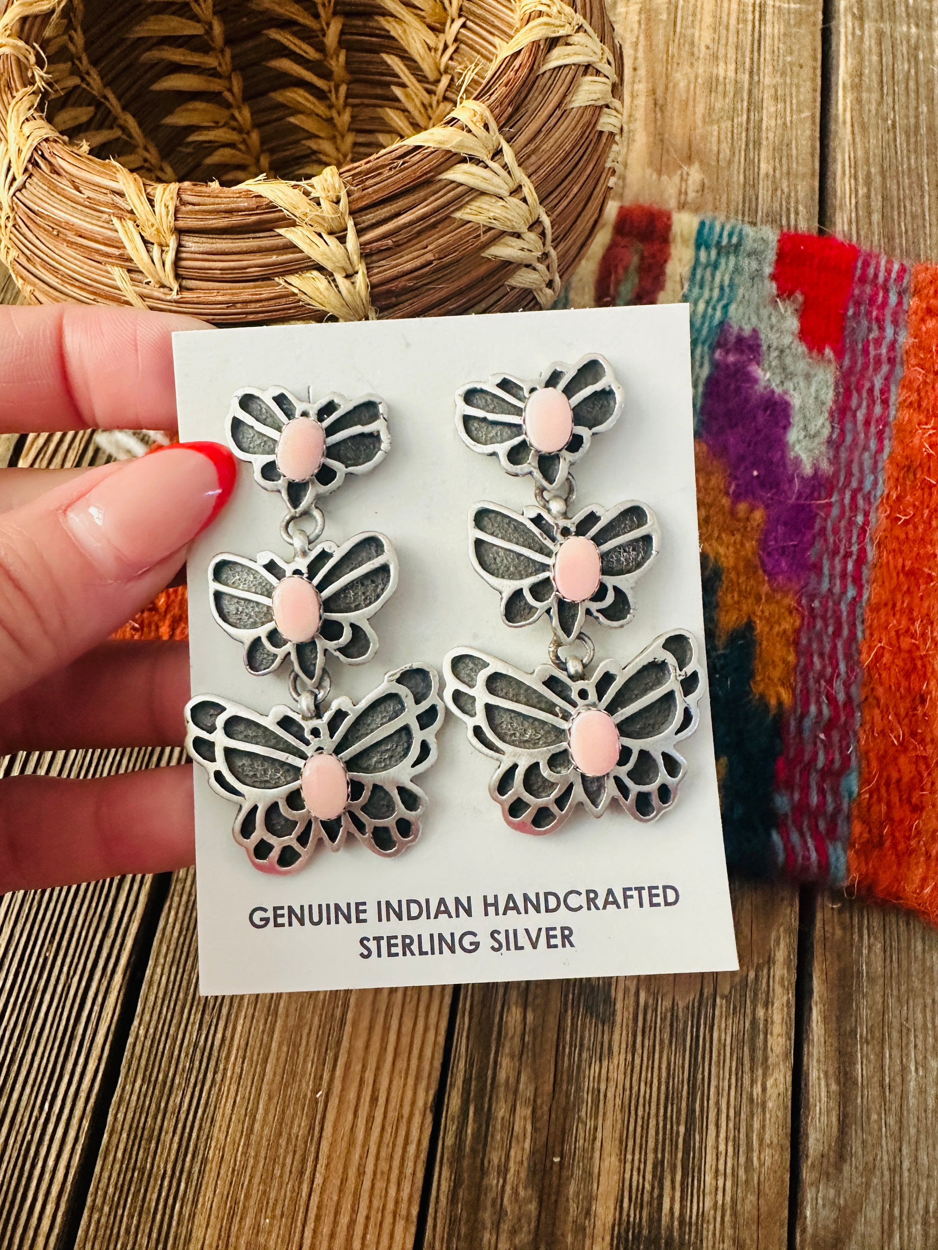 Handcrafted Queen Pink Conch & Sterling Silver Butterfly Dangle Earrings