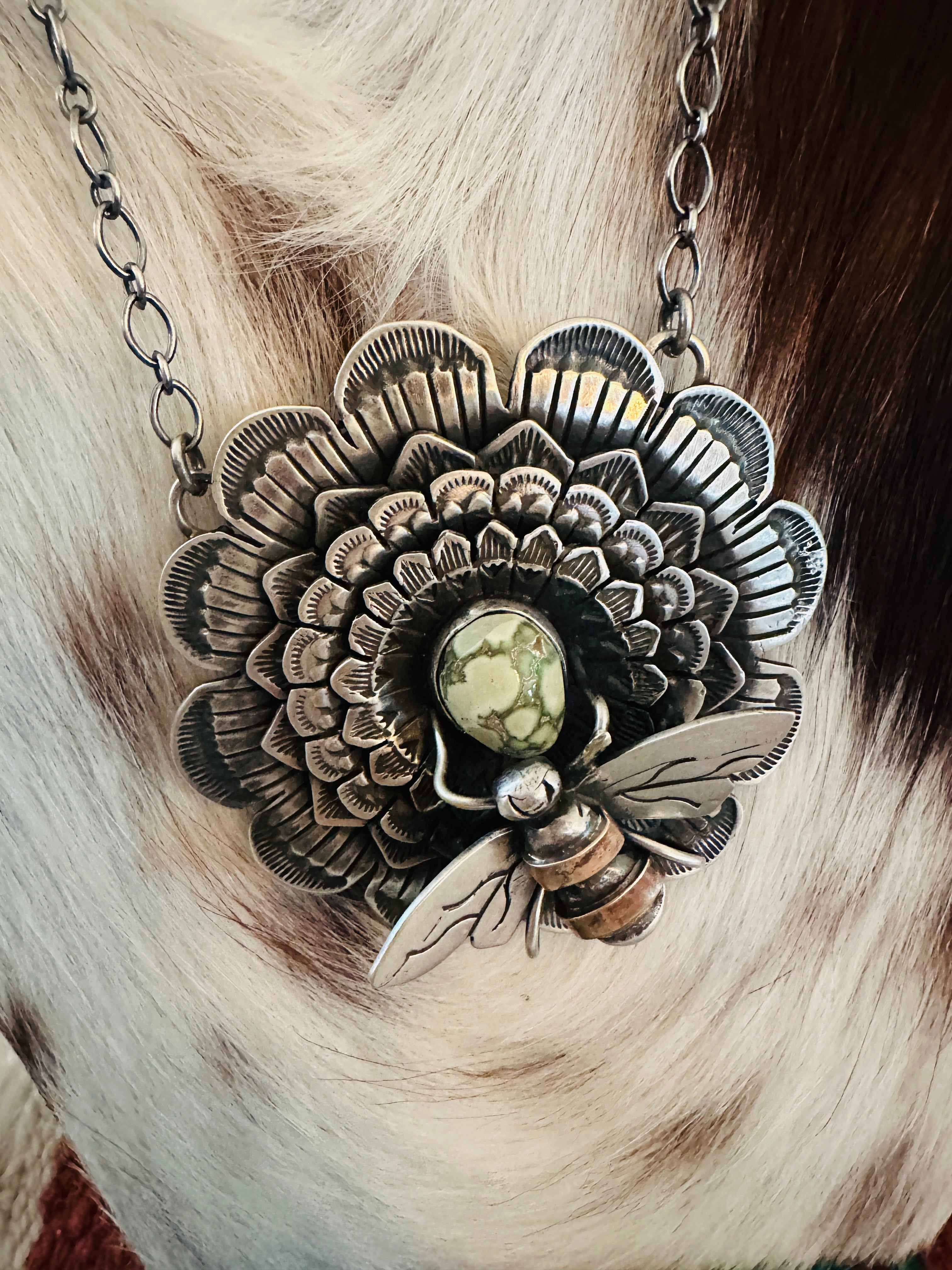 Handcrafted Sterling Silver and Turquoise Sunflower Necklace with Bee by Russell Sam