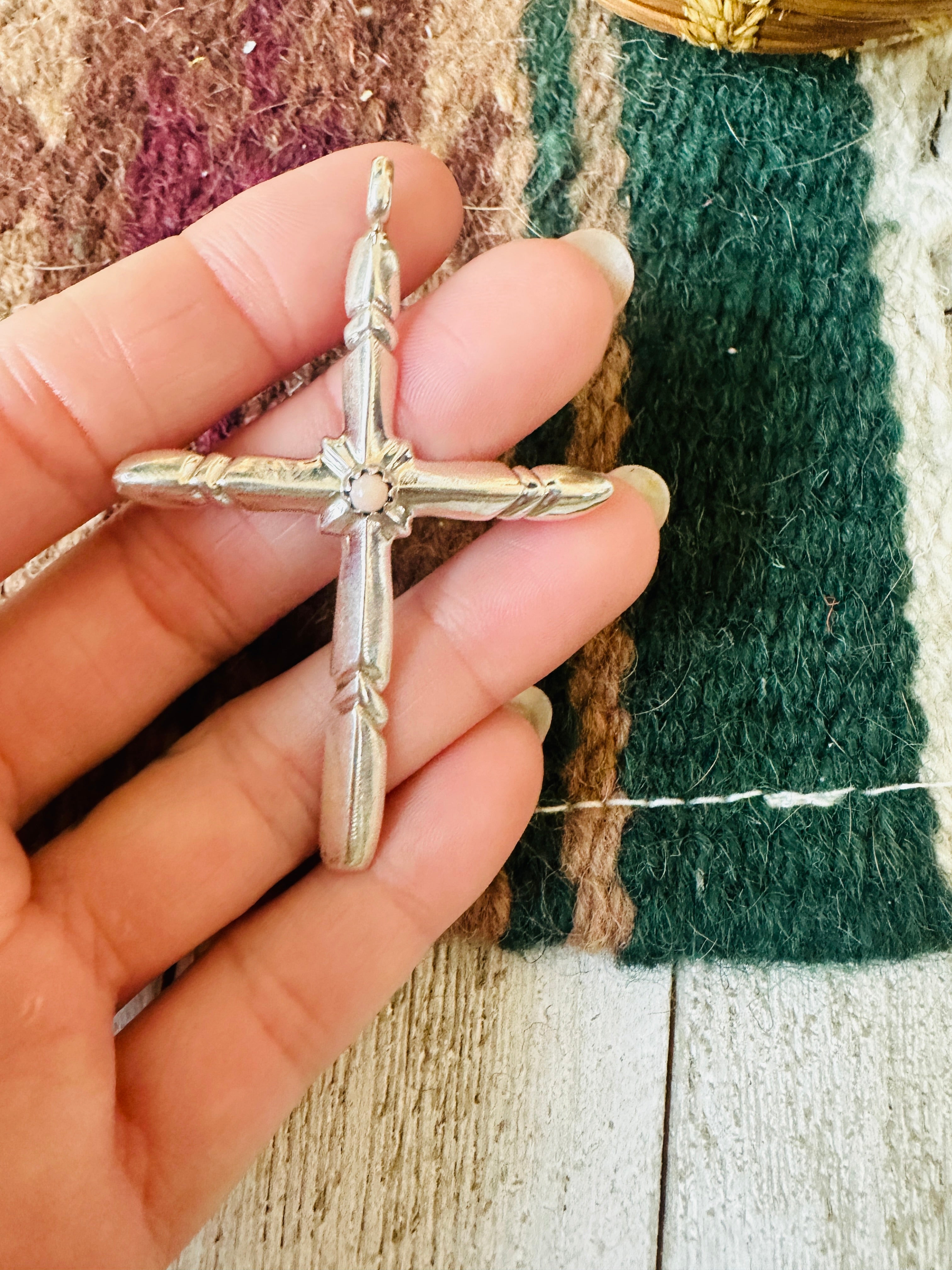 Navajo Queen Pink Conch Shell & Sterling Silver Cross Pendant