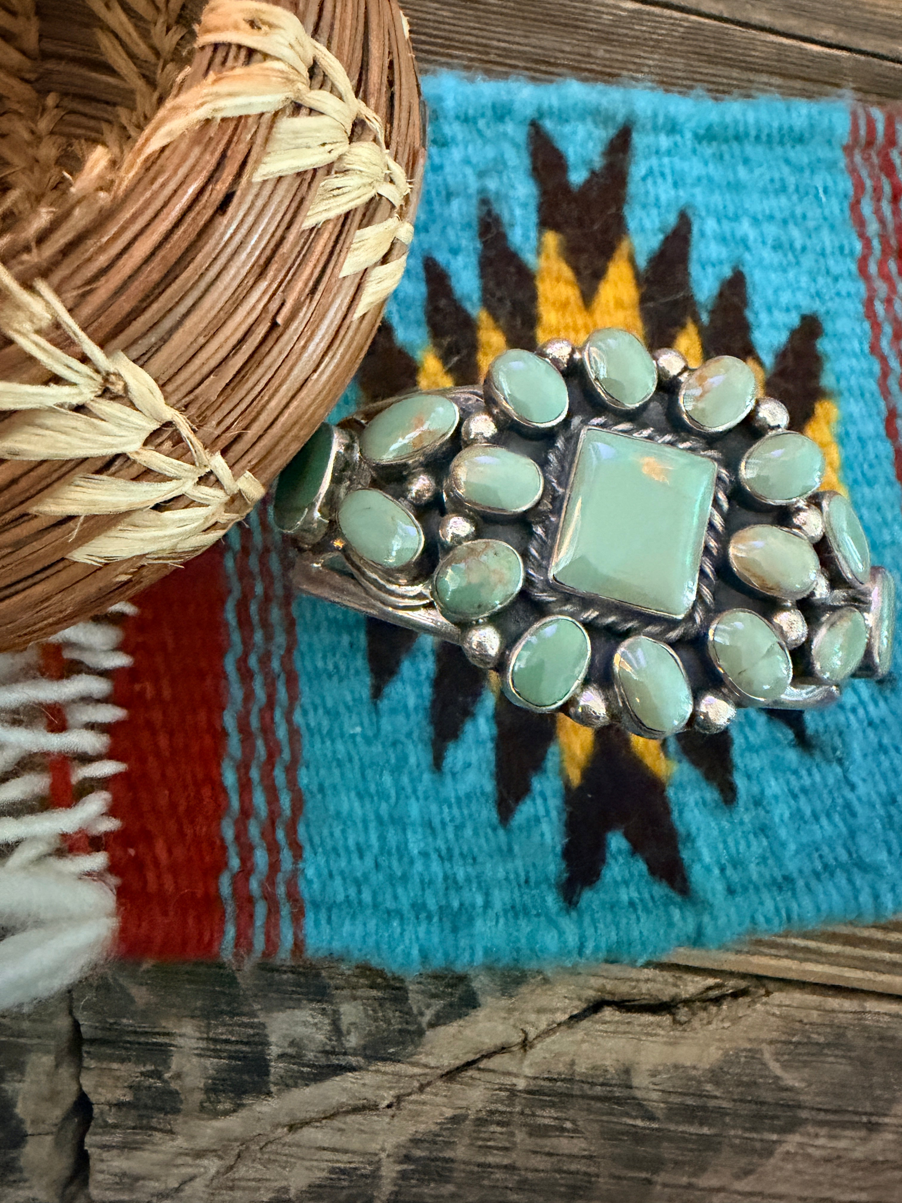 Handcrafted Sterling Silver & Carico Lake Turquoise Cluster Cuff Bracelet