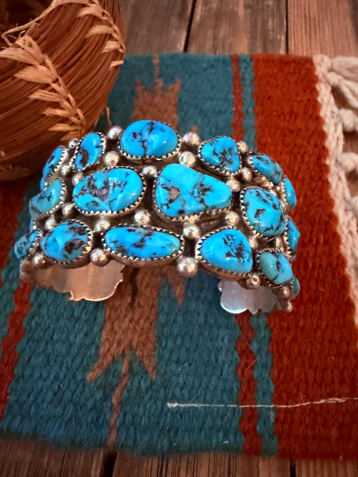 Handcrafted Old Pawn Sterling Silver & Kingman Turquoise Cluster Cuff Bracelet