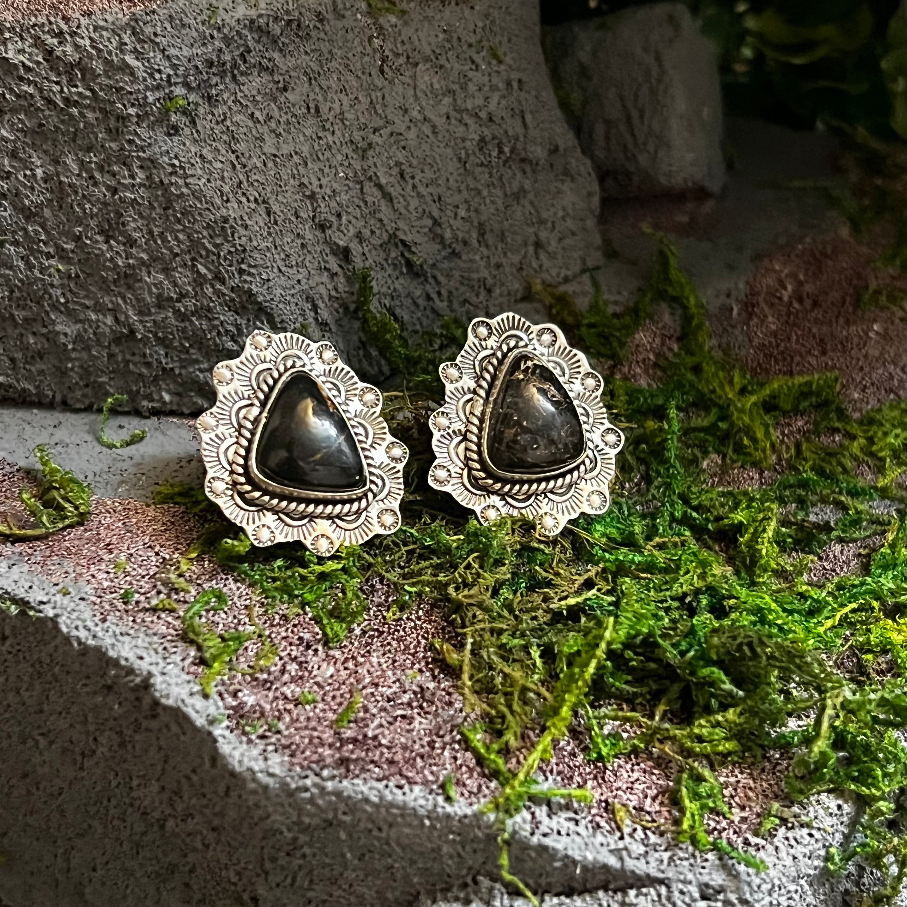 Handmade Etched Sterling Silver & Black Onyx Stud Earrings