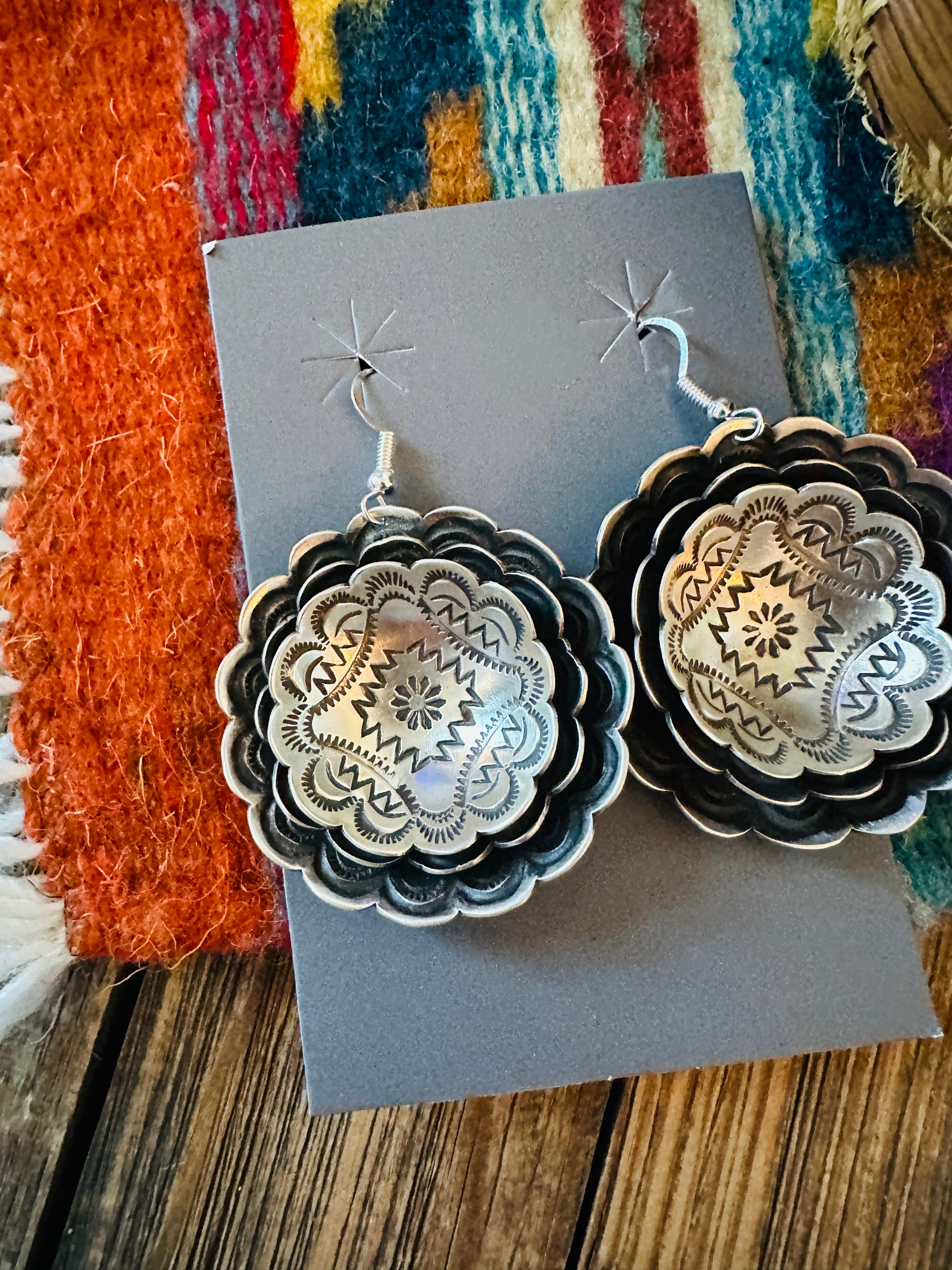 Handcrafted Sterling Silver Concho Dangle Earrings by Leander Tahe