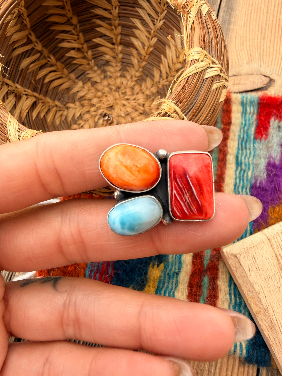 Handcrafted Spiny Oyster, Turquoise & Sterling Silver Adjustable Cluster Ring by Robert Livingston
