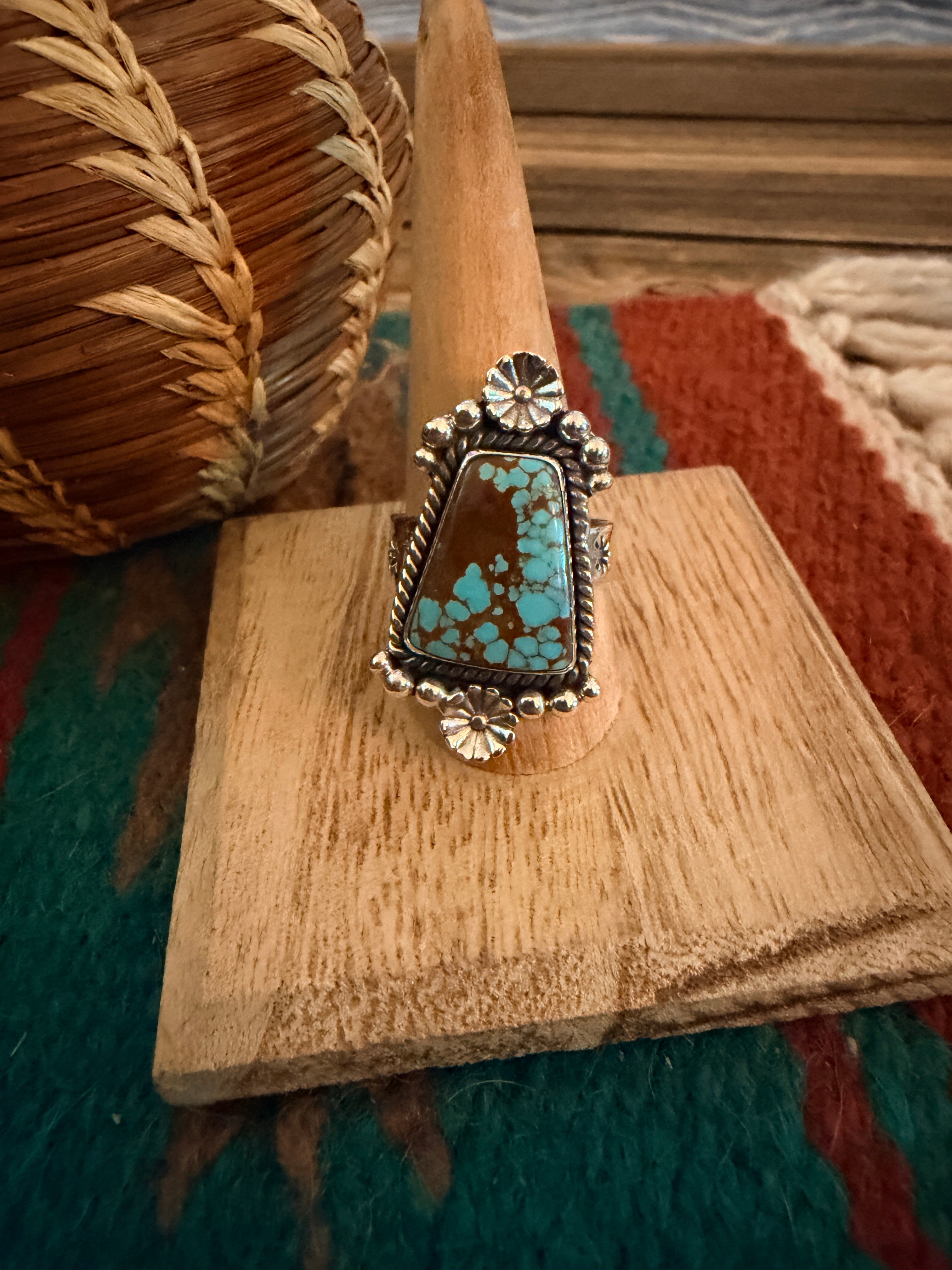 Handmade Sterling Silver Number 8 Turquoise Adjustable Ring Signed Nizhoni