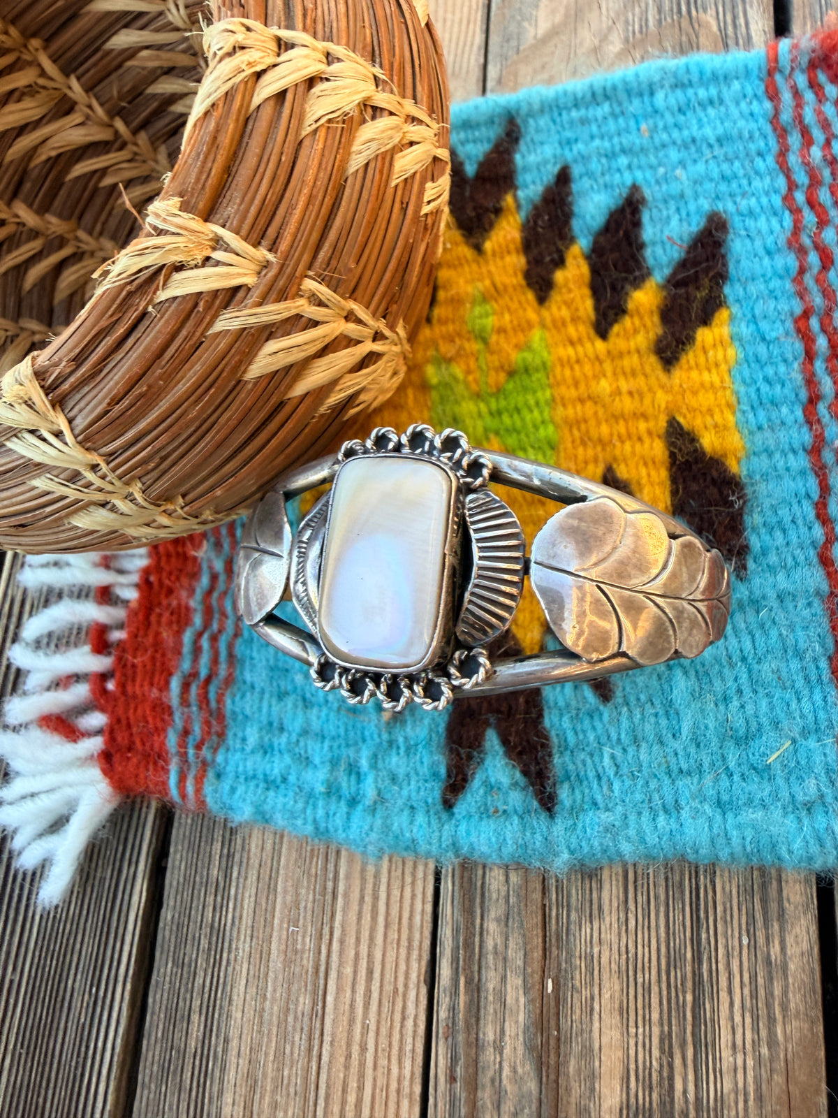 Handcrafted Old Pawn Sterling Silver & Mother of Pearl Cuff Bracelet