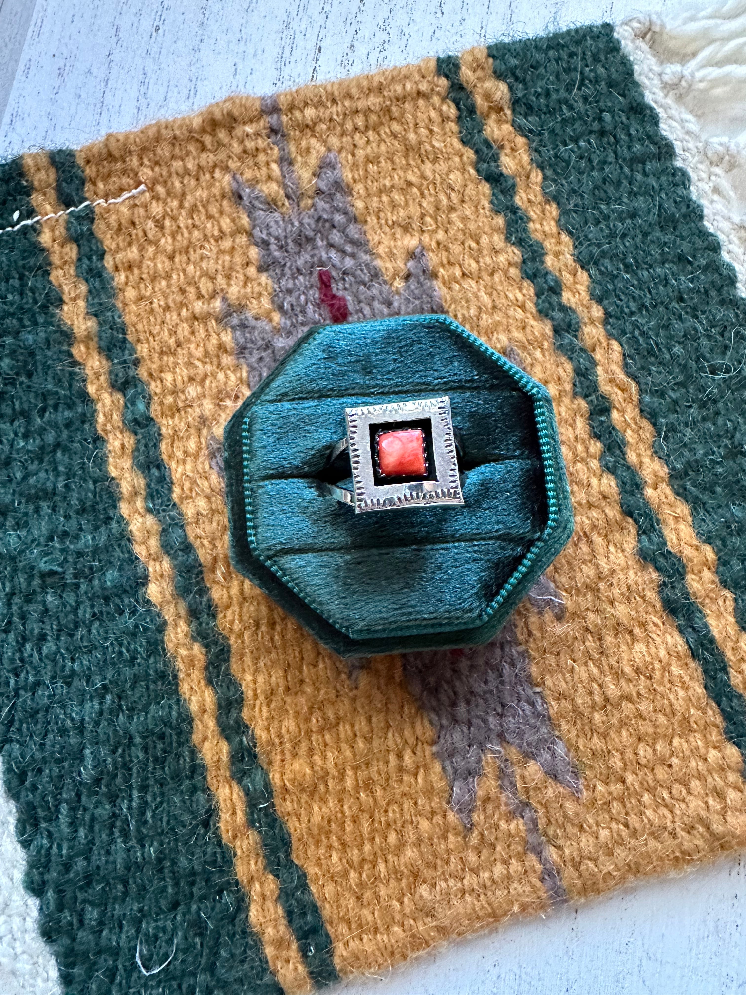 Navajo Orange Spiny & Sterling Silver Square Ring