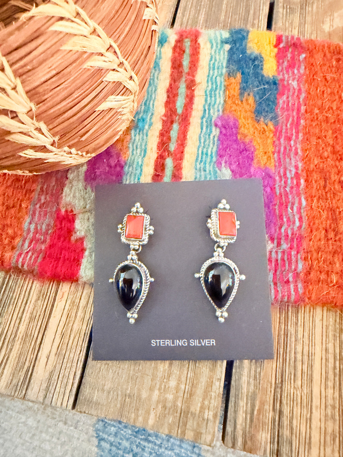 Handcrafted Onyx, Coral & Sterling Silver Dangle Earrings