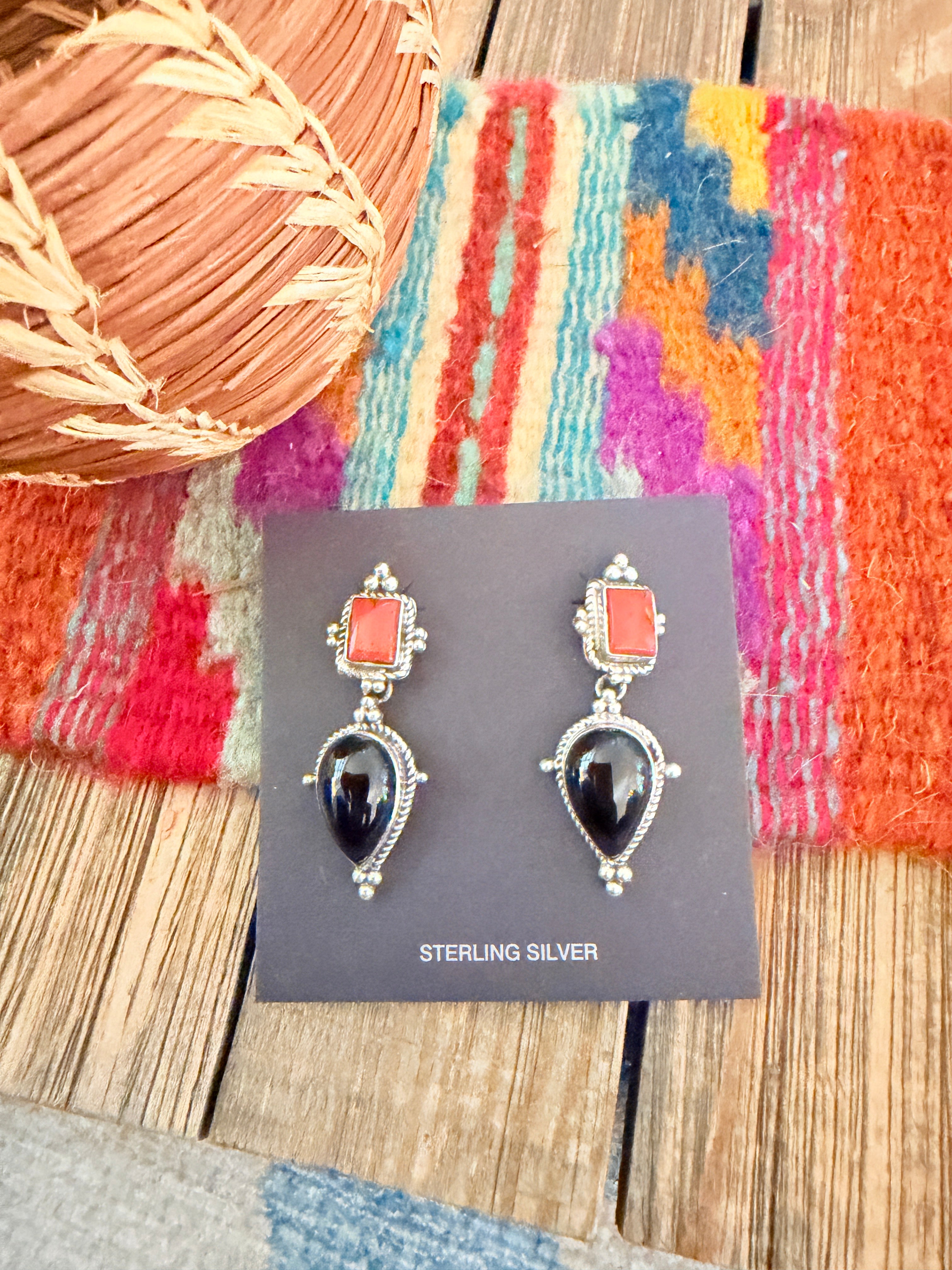 Handcrafted Onyx, Coral & Sterling Silver Dangle Earrings