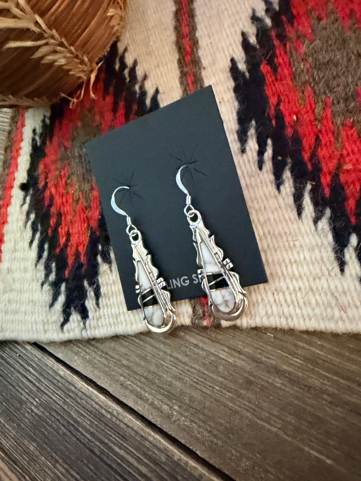 Handcrafted White Buffalo, Onyx & Sterling Silver Inlay Dangle Earrings