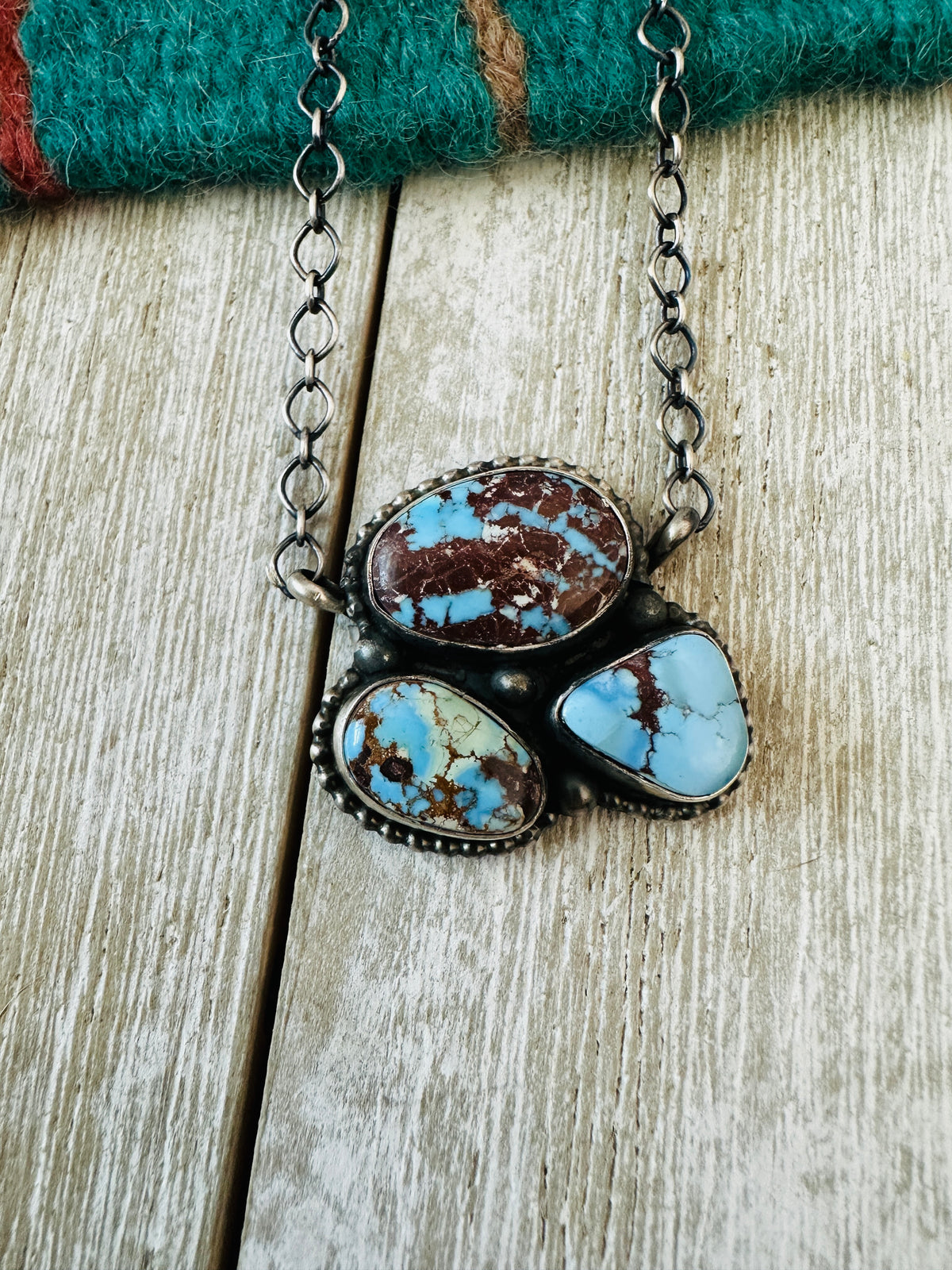 Handcrafted Sterling Silver & Golden Hills Turquoise 3 Stone Necklace