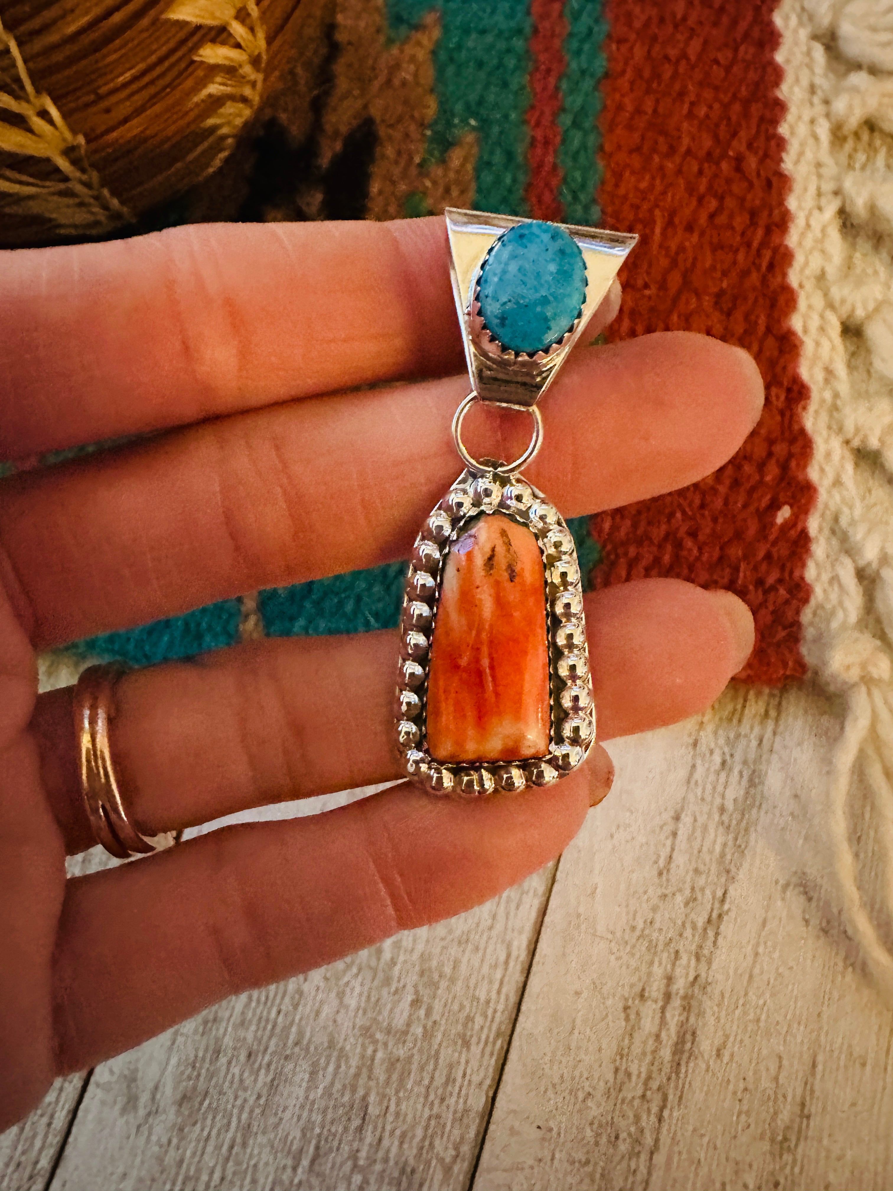 Navajo Turquoise, Spiny & Sterling Silver Pendant