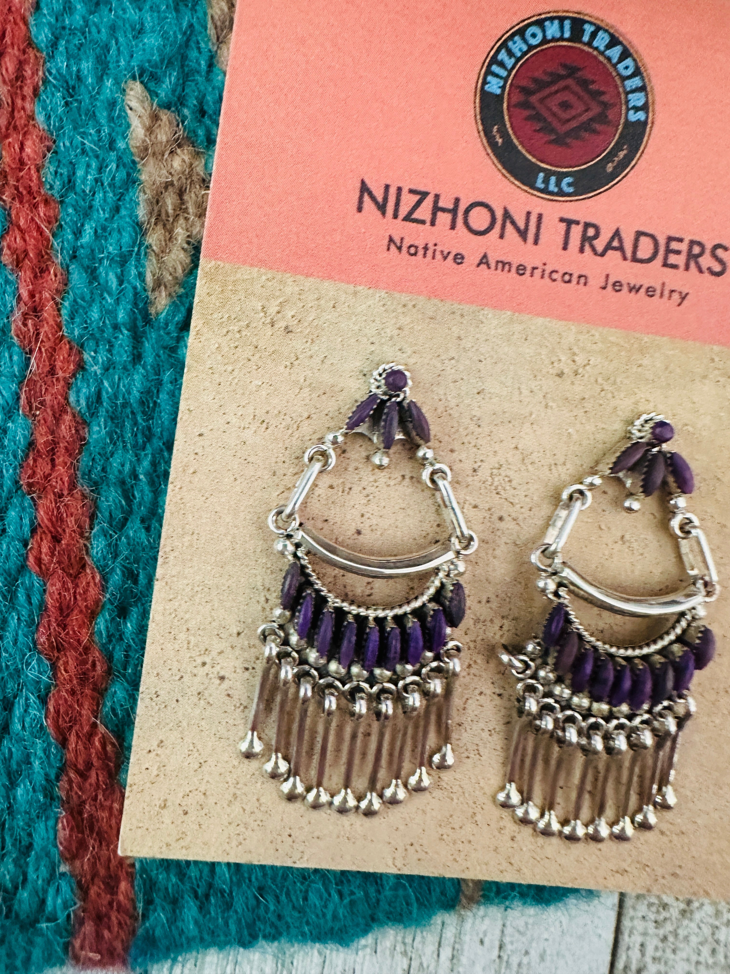 Zuni Silver And Charoite Needlepoint Earrings