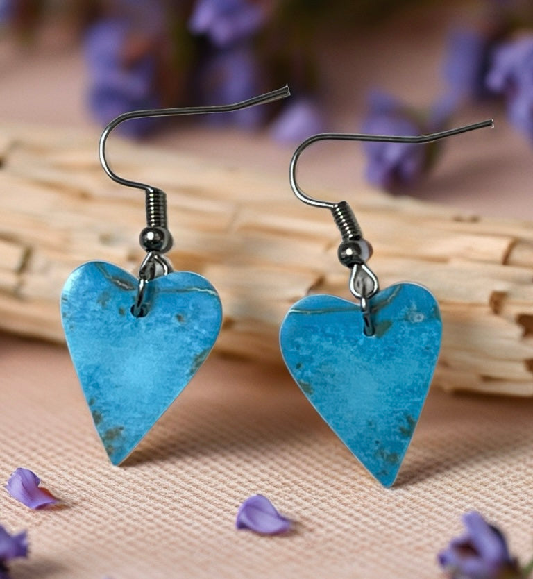 Handcrafted Turquoise Heart Slab Sterling Silver Earrings