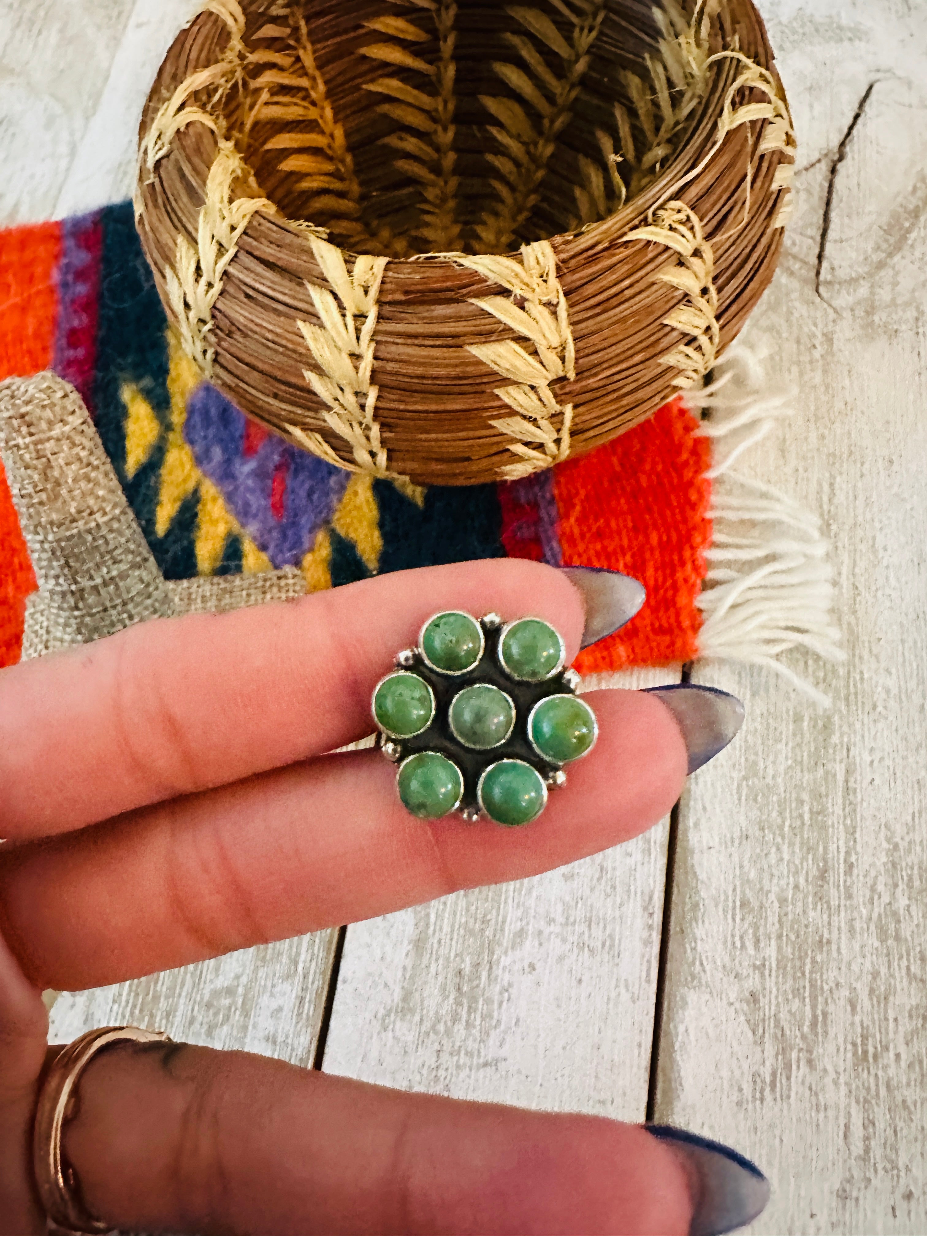 Handcrafted Turquoise & Sterling Silver Cluster Ring Size 6