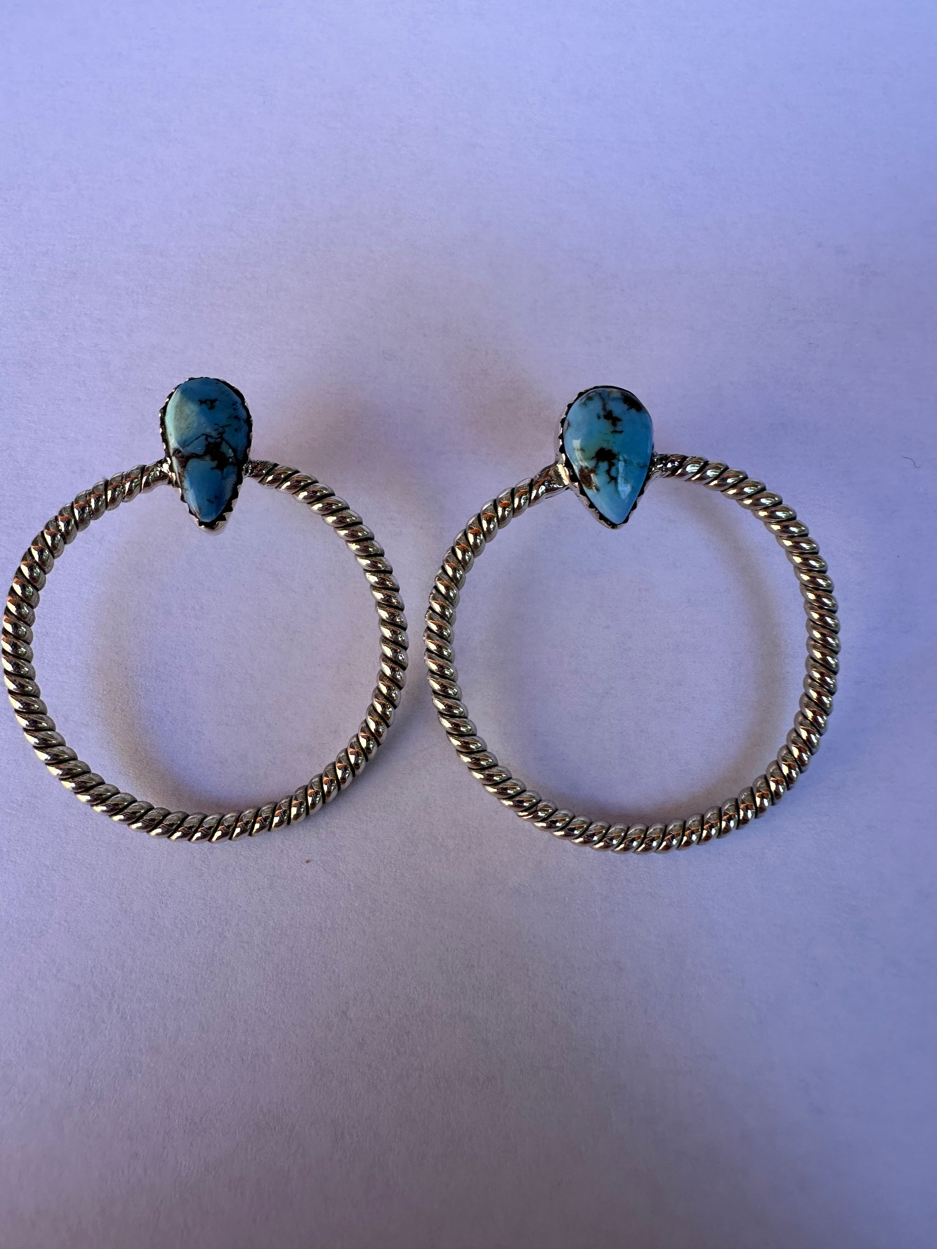 Turquoise top Sterling Silver Earring Hoops Signed