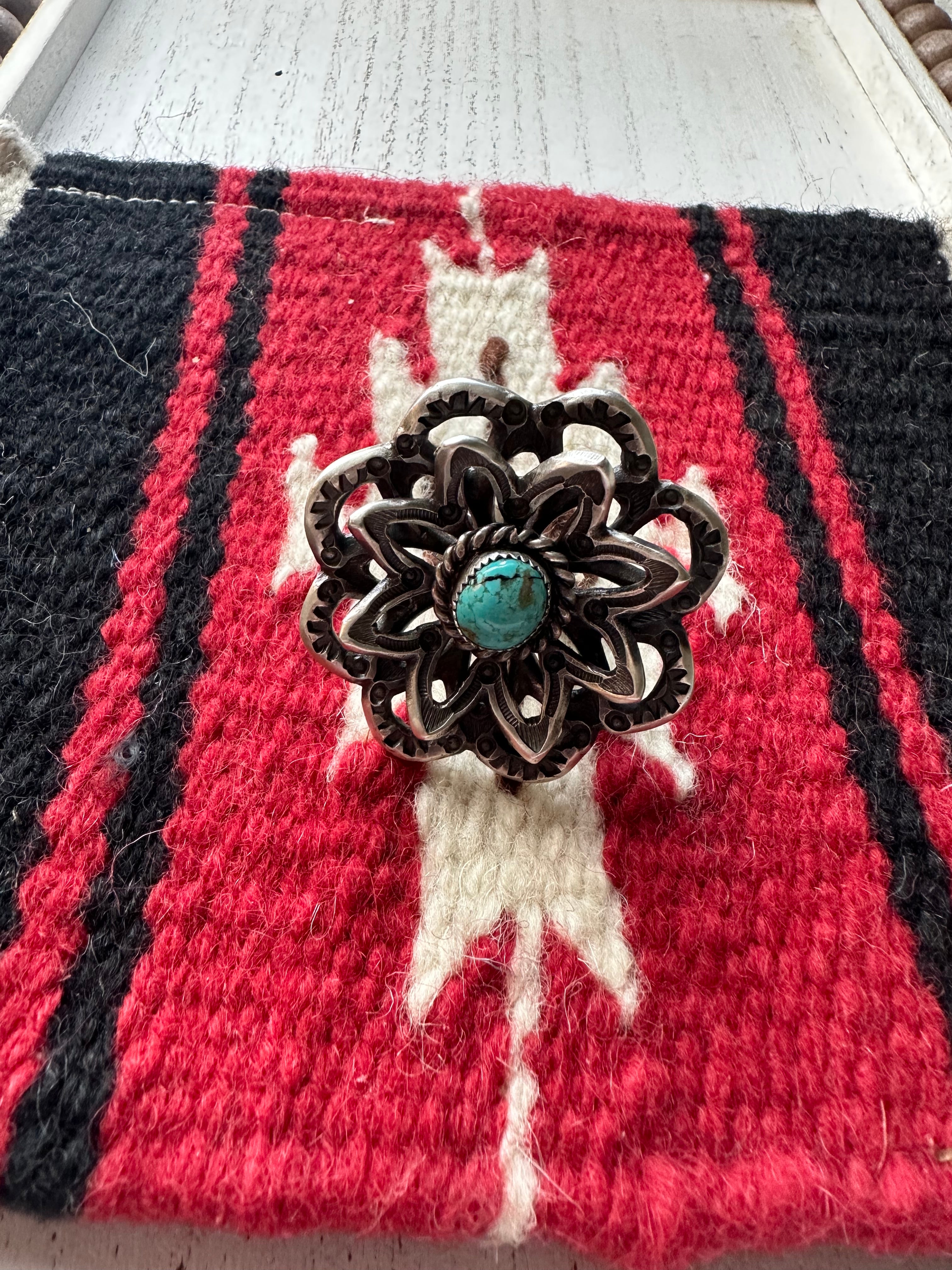 Gorgeous Navajo Turquoise And Sterling Silver Adjustable Flower Ring Signed K Billah