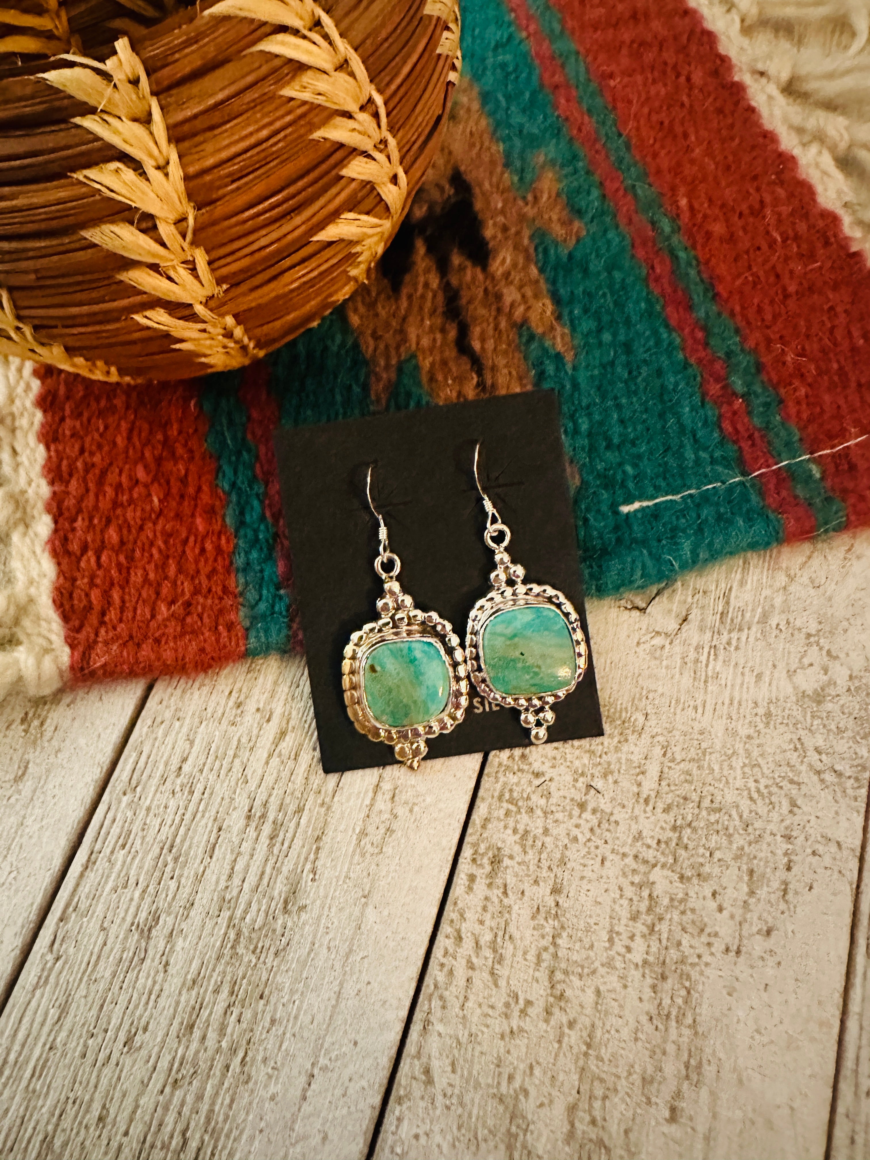 Navajo Turquoise & Sterling Silver Dangle Earrings by Ella Peter