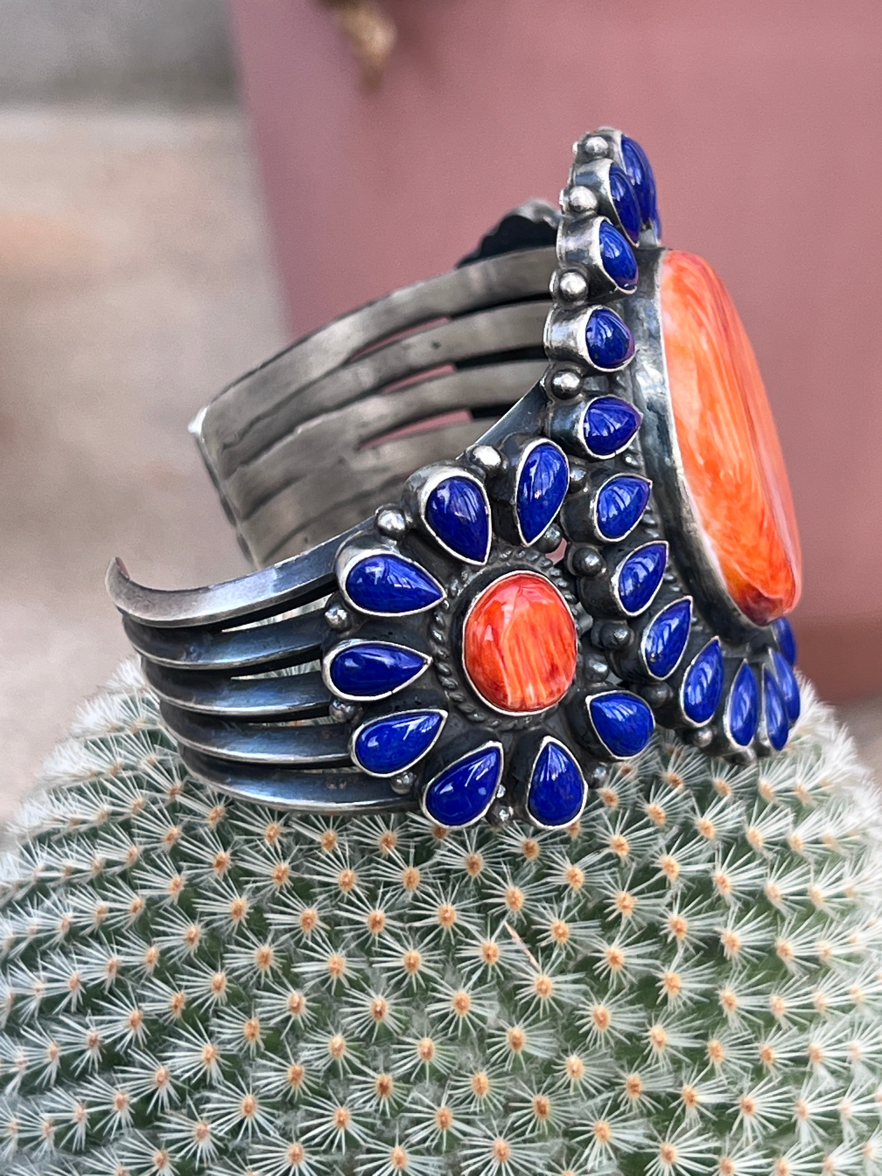 Glowing Anthony Skeets Lapis Lazuli and Orange Spiny Oyster Cluster Cuff Bracelet