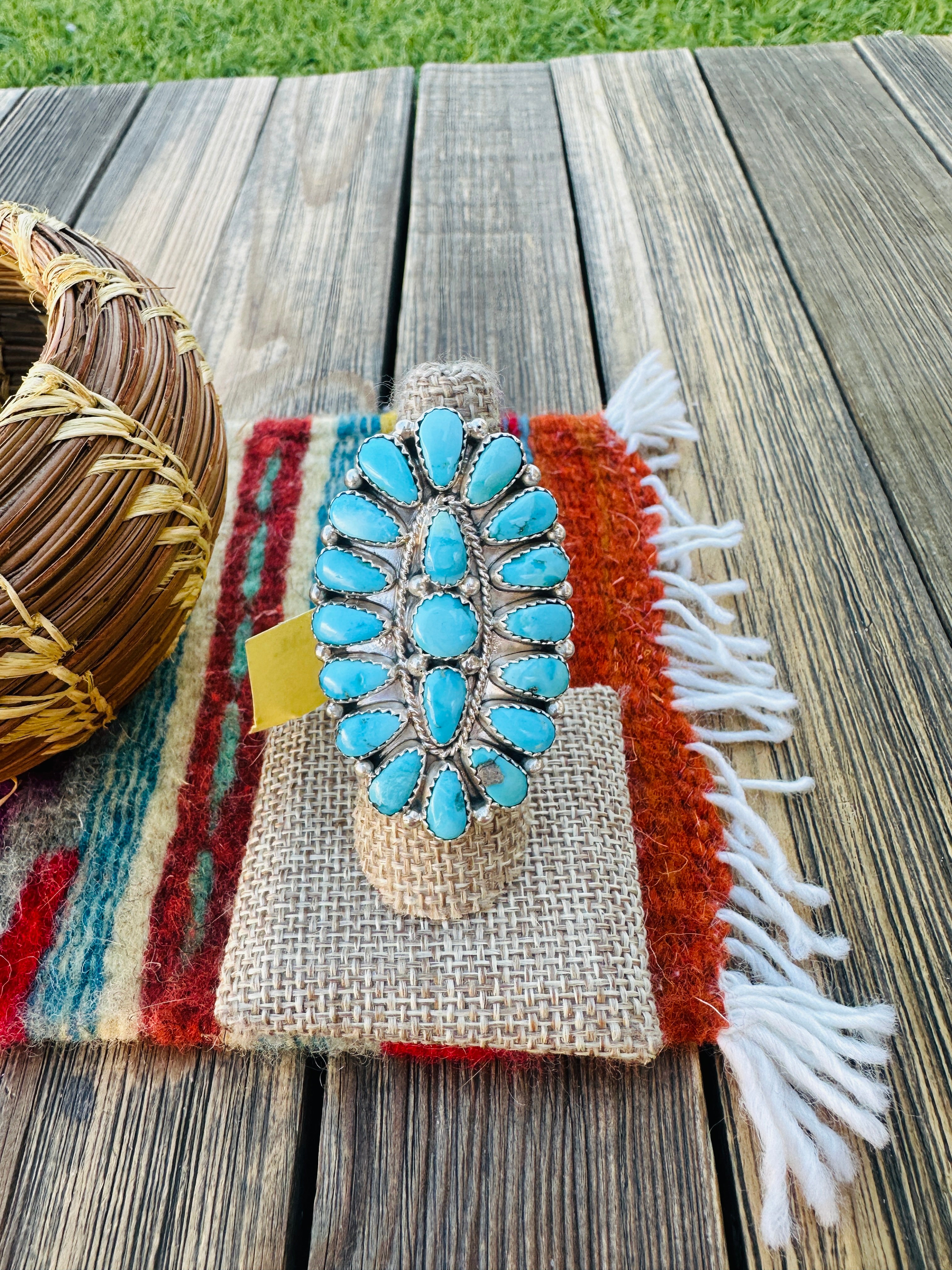 Old Pawn Handcrafted Sleeping Beauty Turquoise & Sterling Silver Cluster Ring Size 9