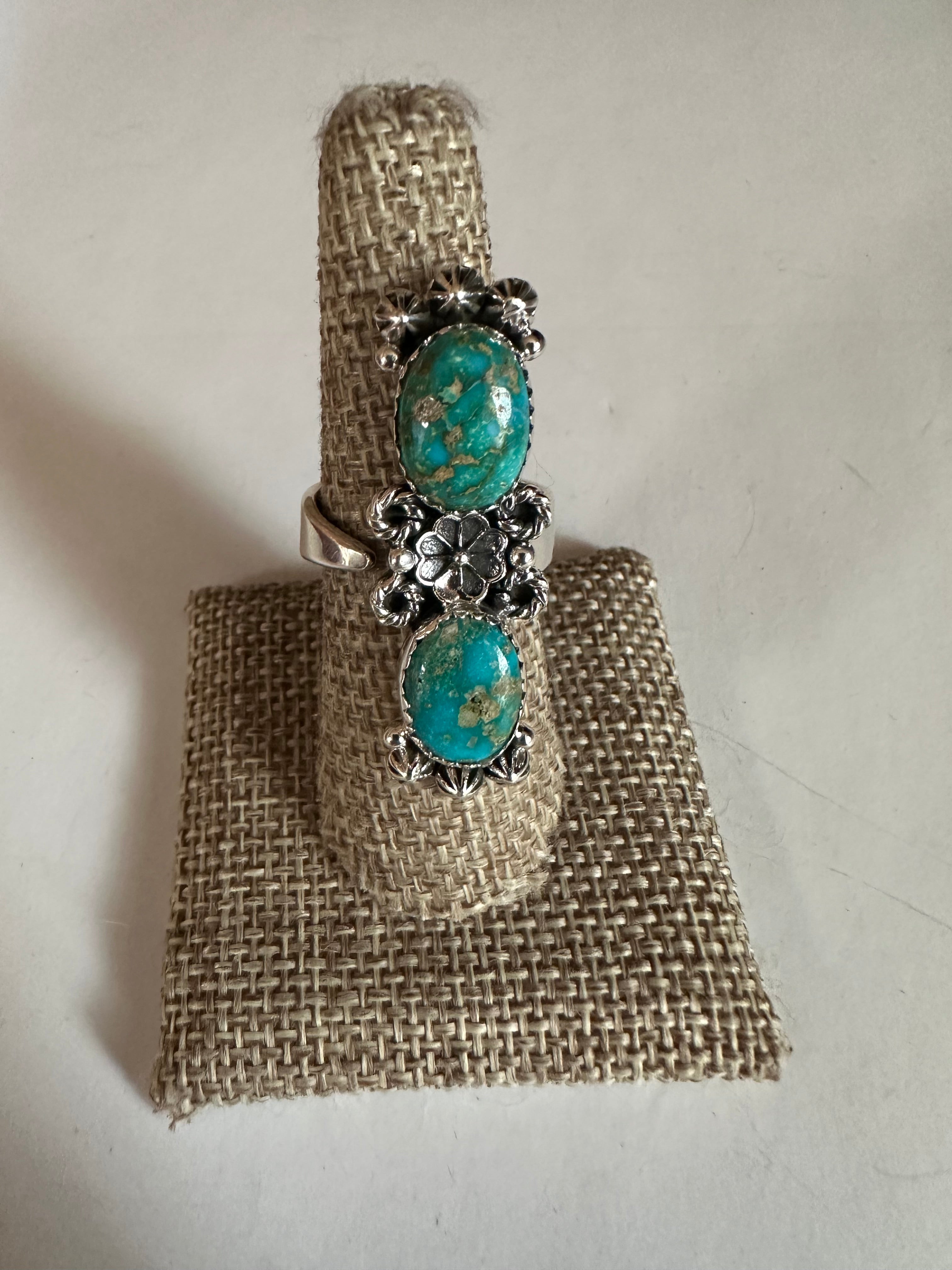 Beautiful Handmade Turquoise And Sterling Silver Adjustable Flower Ring