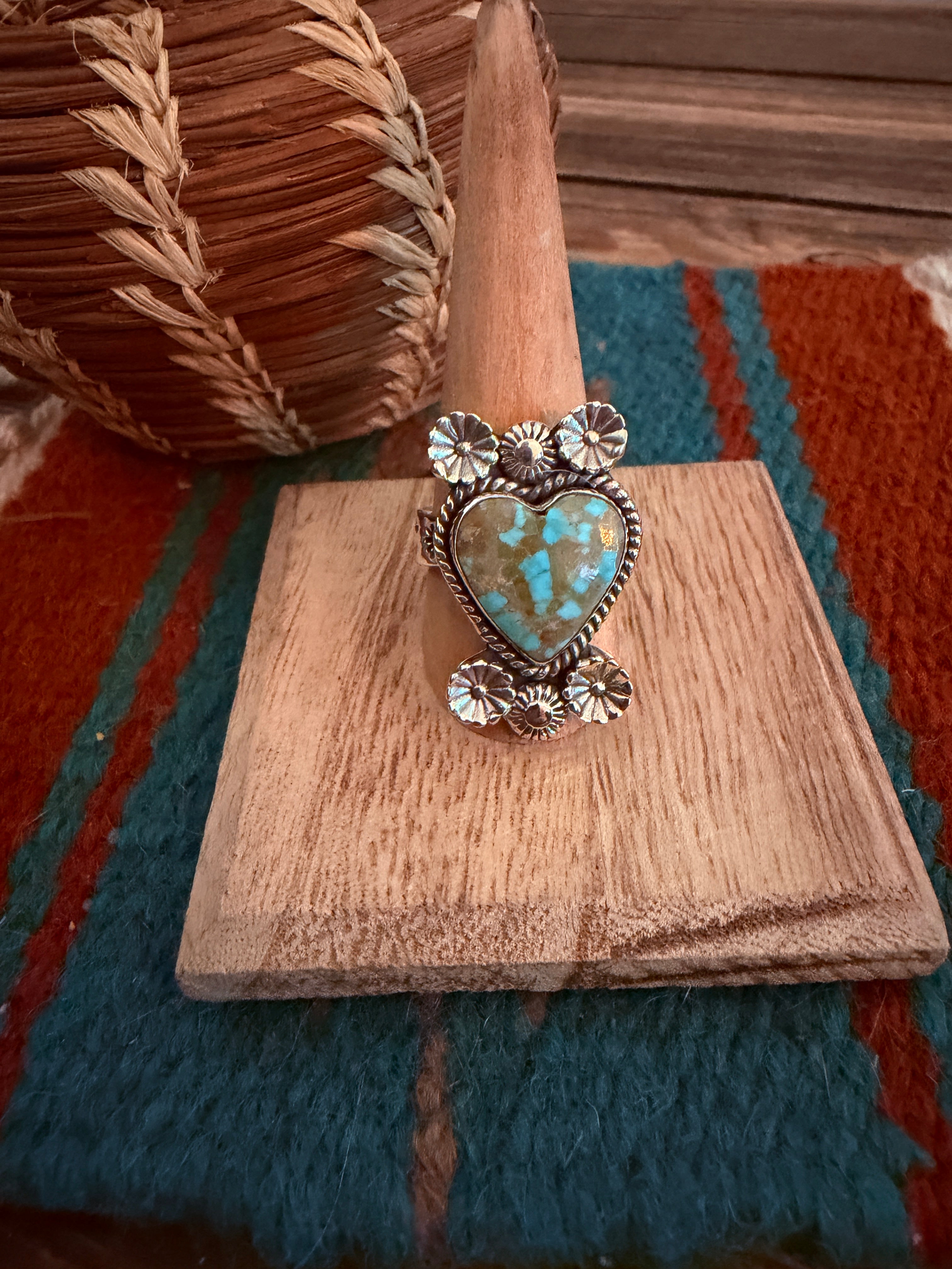 Handmade Sterling Silver Number 8 Turquoise Adjustable Heart Ring Signed Nizhoni