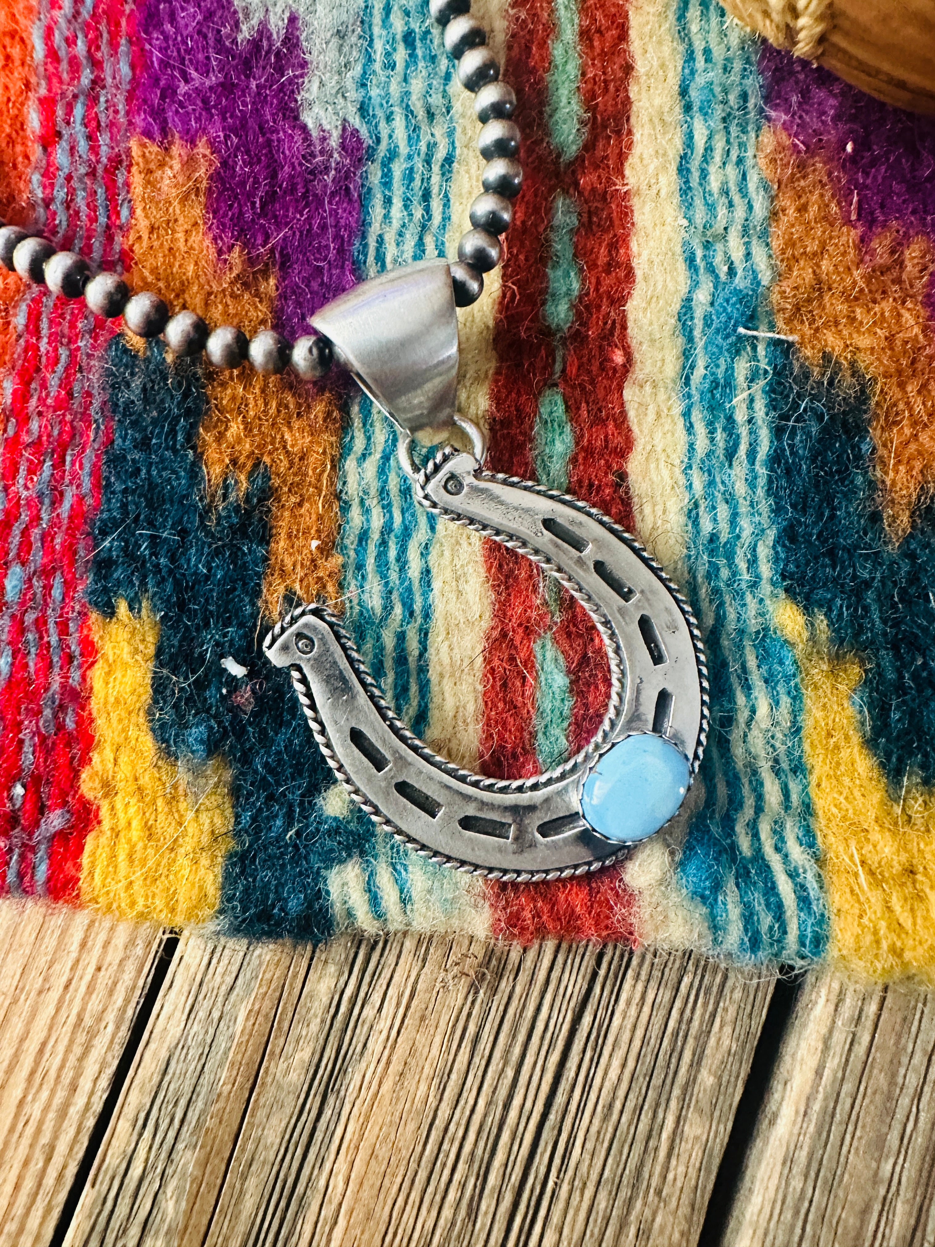 Handcrafted Sterling Silver and Golden Hills Turquoise Horseshoe Pendant