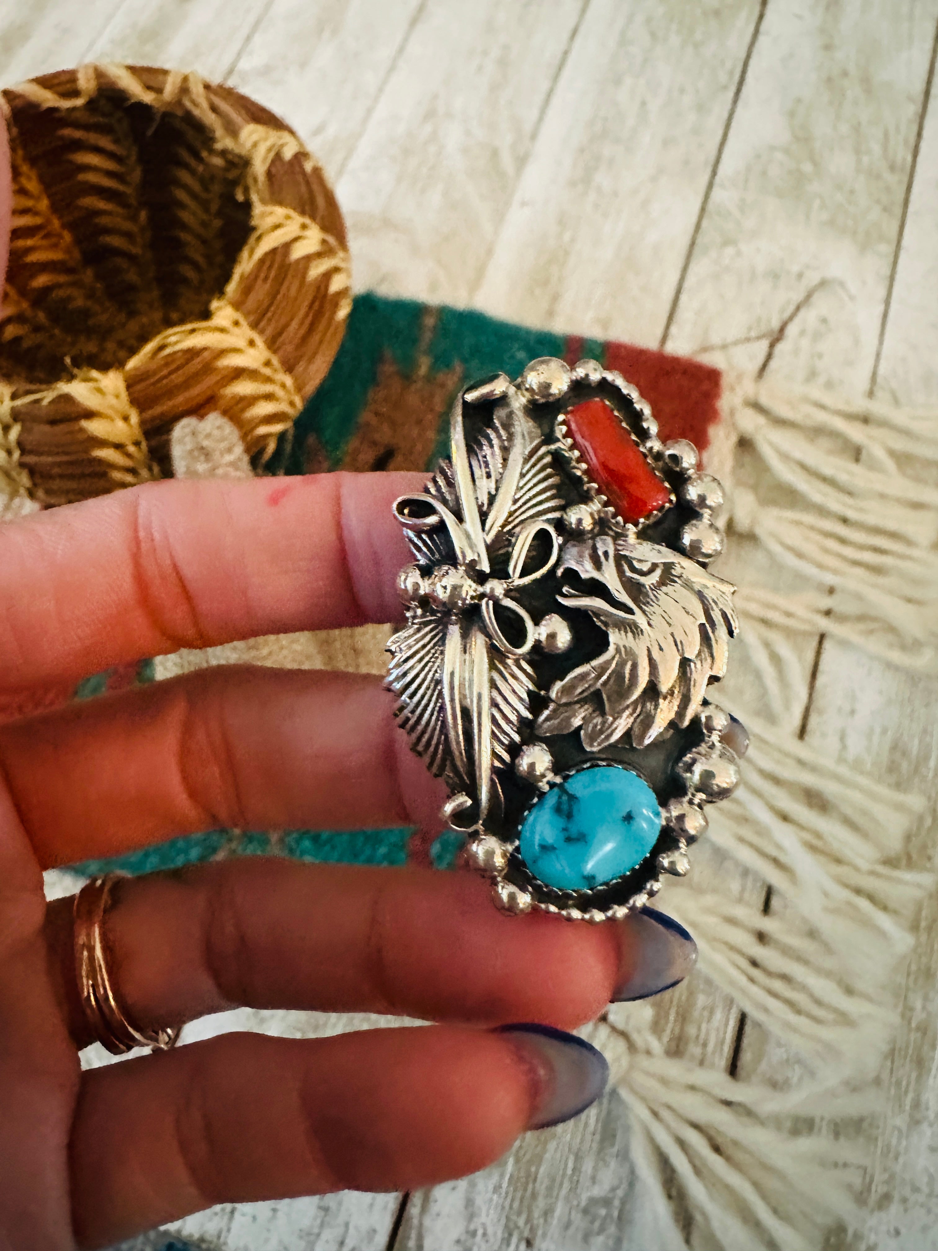 Handcrafted Turquoise, Coral & Sterling Silver Ring Size 9