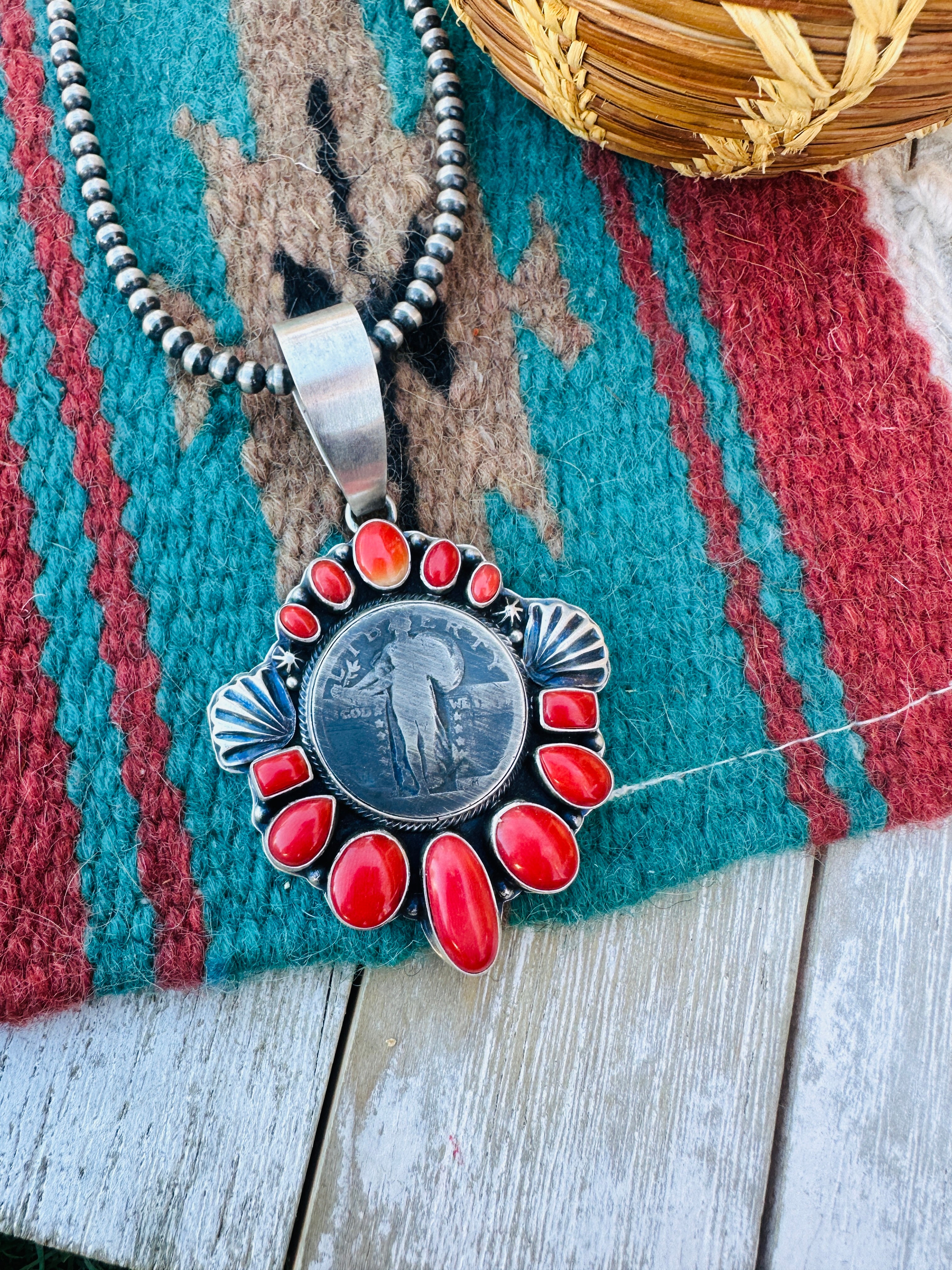 Handcrafted Sterling Silver and Coral Liberty Coin Pendant by Randy Boyd