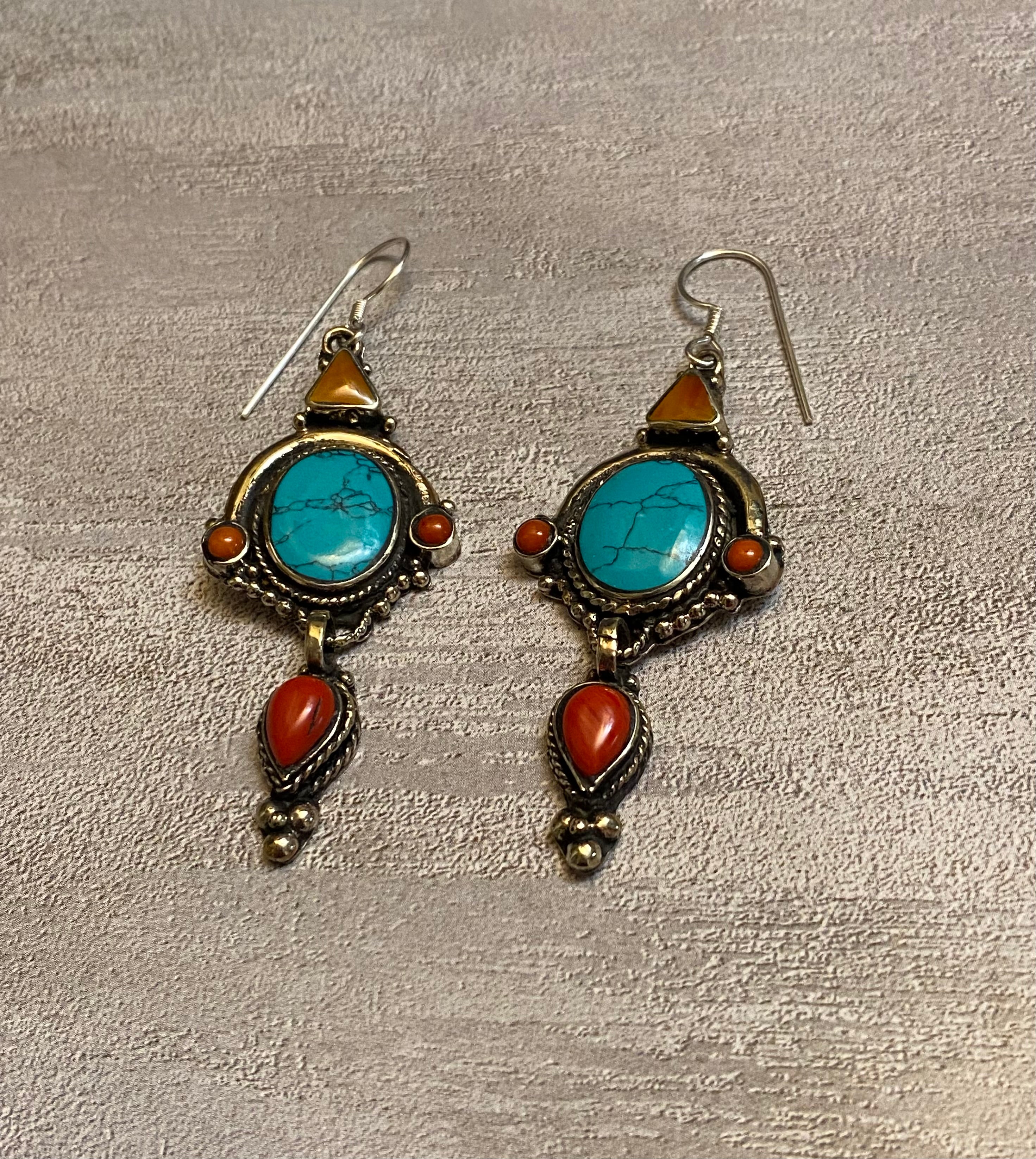 Silver Elegant Turquoise, Red Coral, & Orange Spiny Dangle Statement Earrings