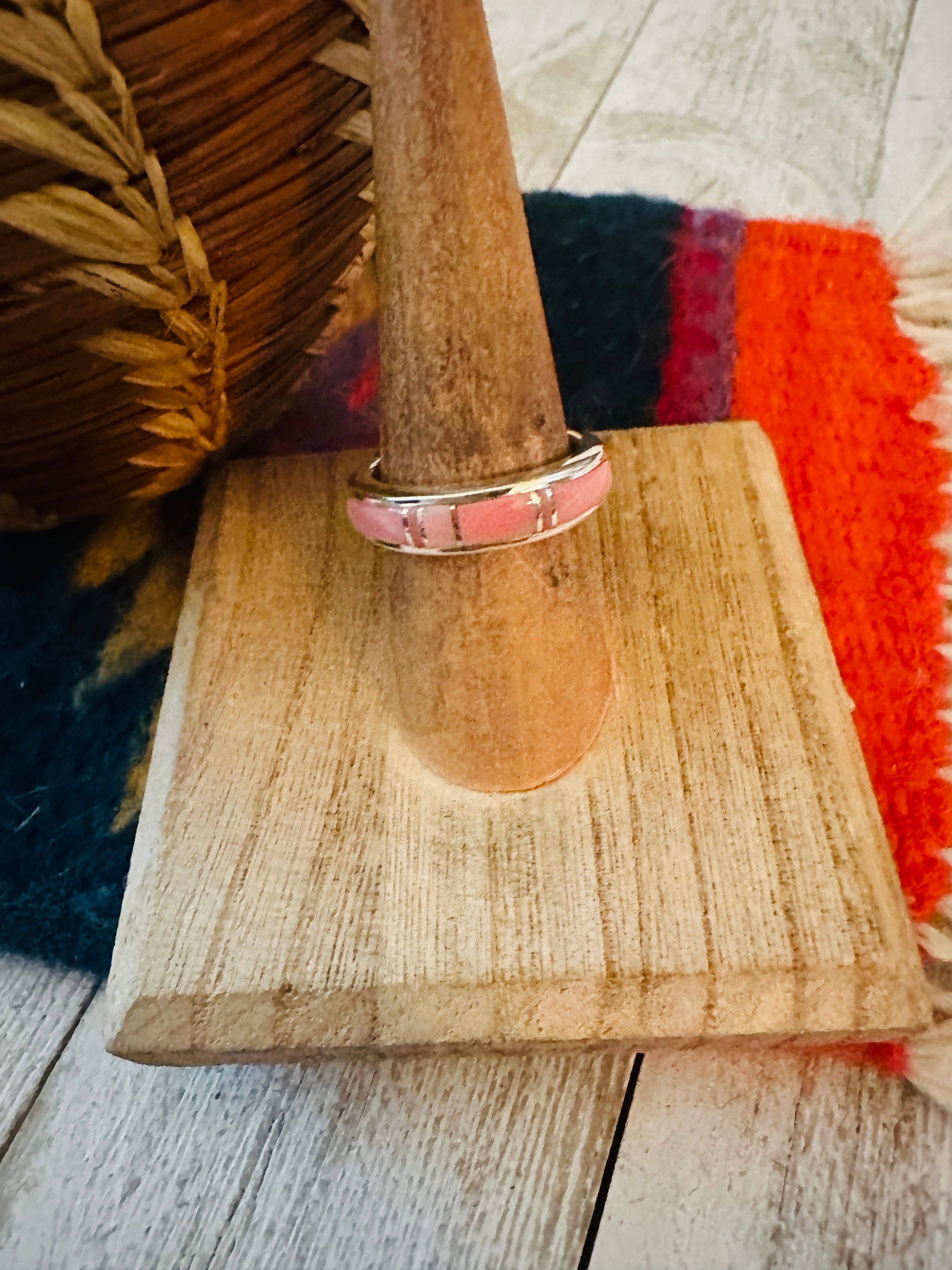 Navajo Pink Coral and Sterling Silver Inlay Band Ring