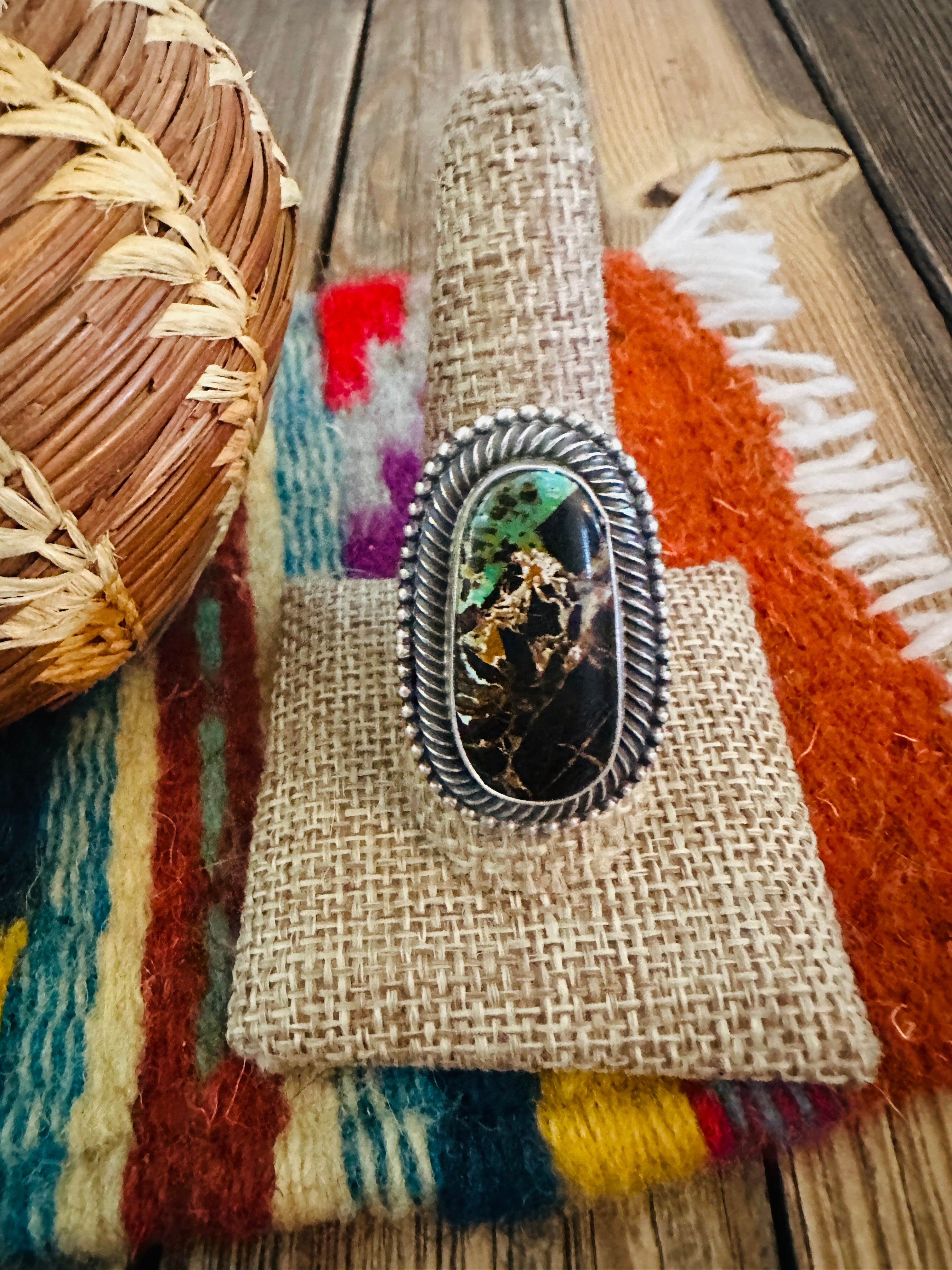 Handcrafted Blackjack Turquoise & Sterling Silver Ring Size 10