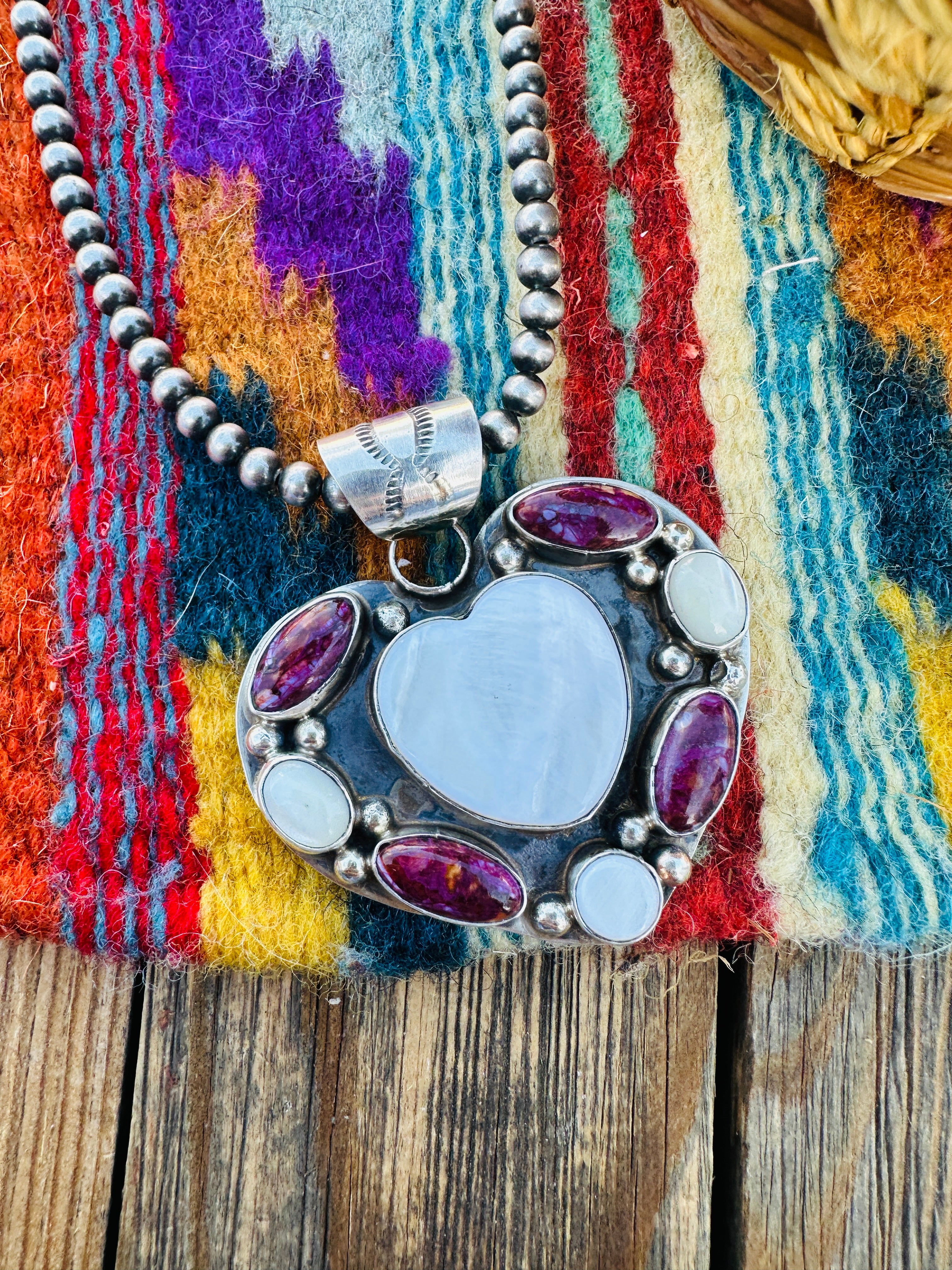 Handcrafted Mother of Pearl, Spiny & Sterling Silver Heart Pendant by Jacqueline Silver