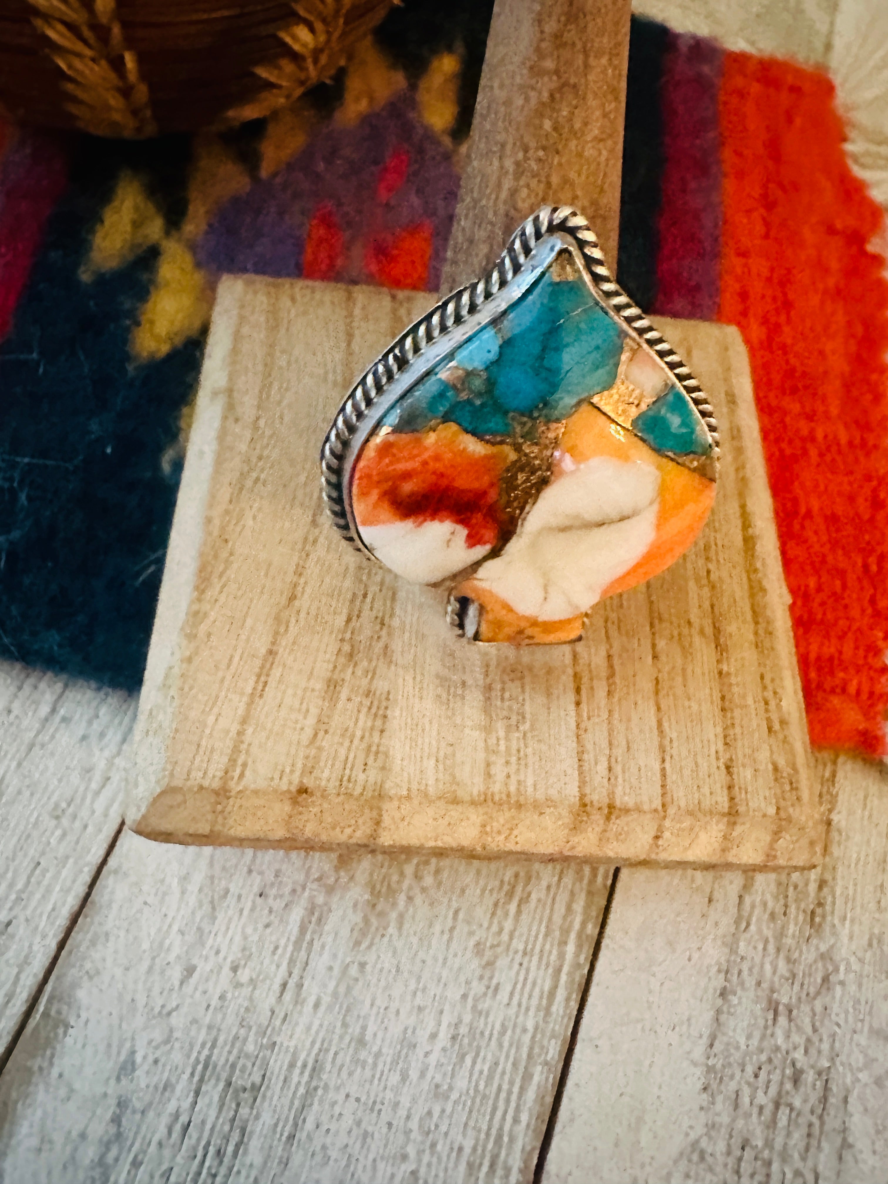 Navajo Sterling Silver & Multi Stone Spice Adjustable Spade Ring