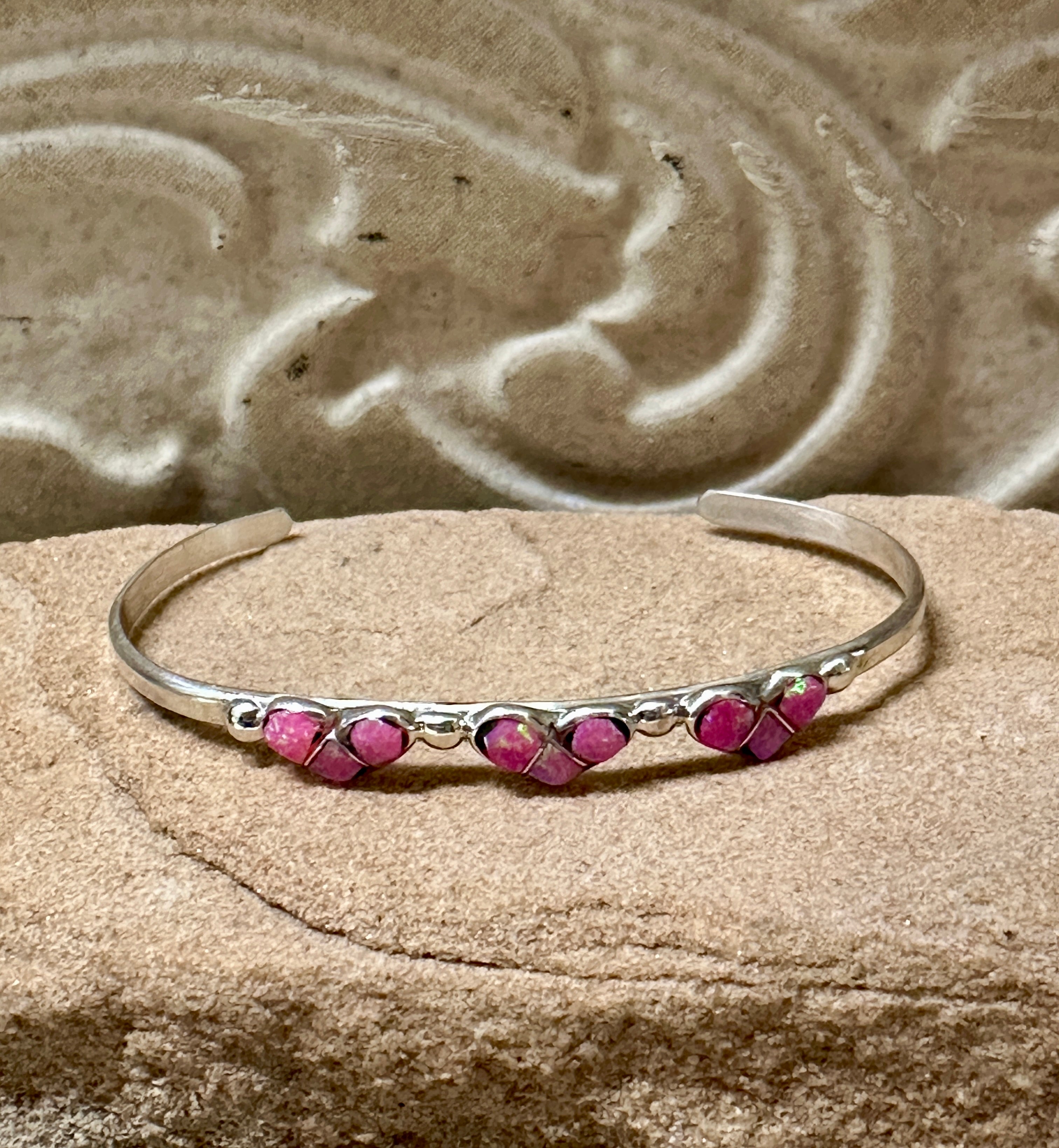 Sterling Silver Opal Three Pink Hearts Baby Cuff Bracelet