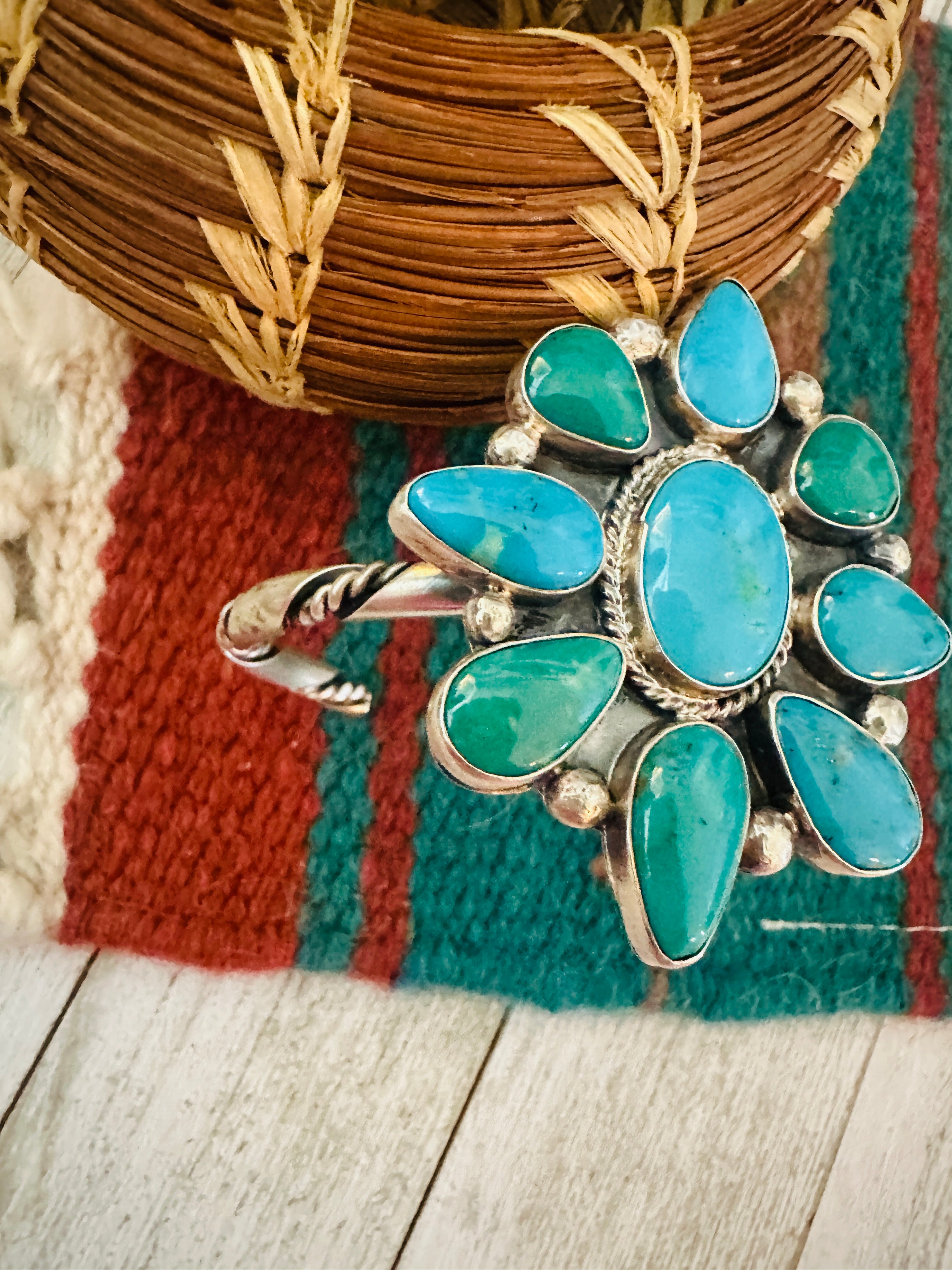 Navajo Turquoise & Sterling Silver Cluster Cuff Bracelet