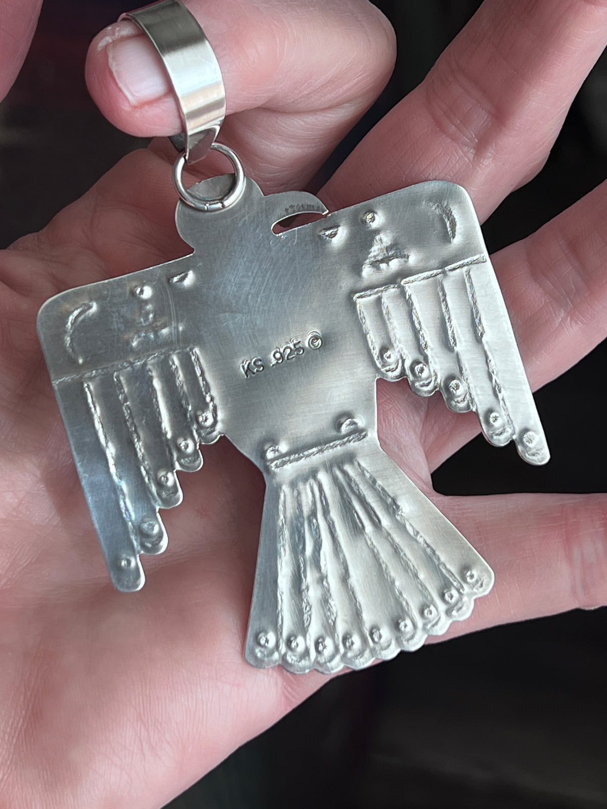 Kimari Somers Hand Stamped Sterling Silver & Kingman Turquoise Thunderbird Pendant 1