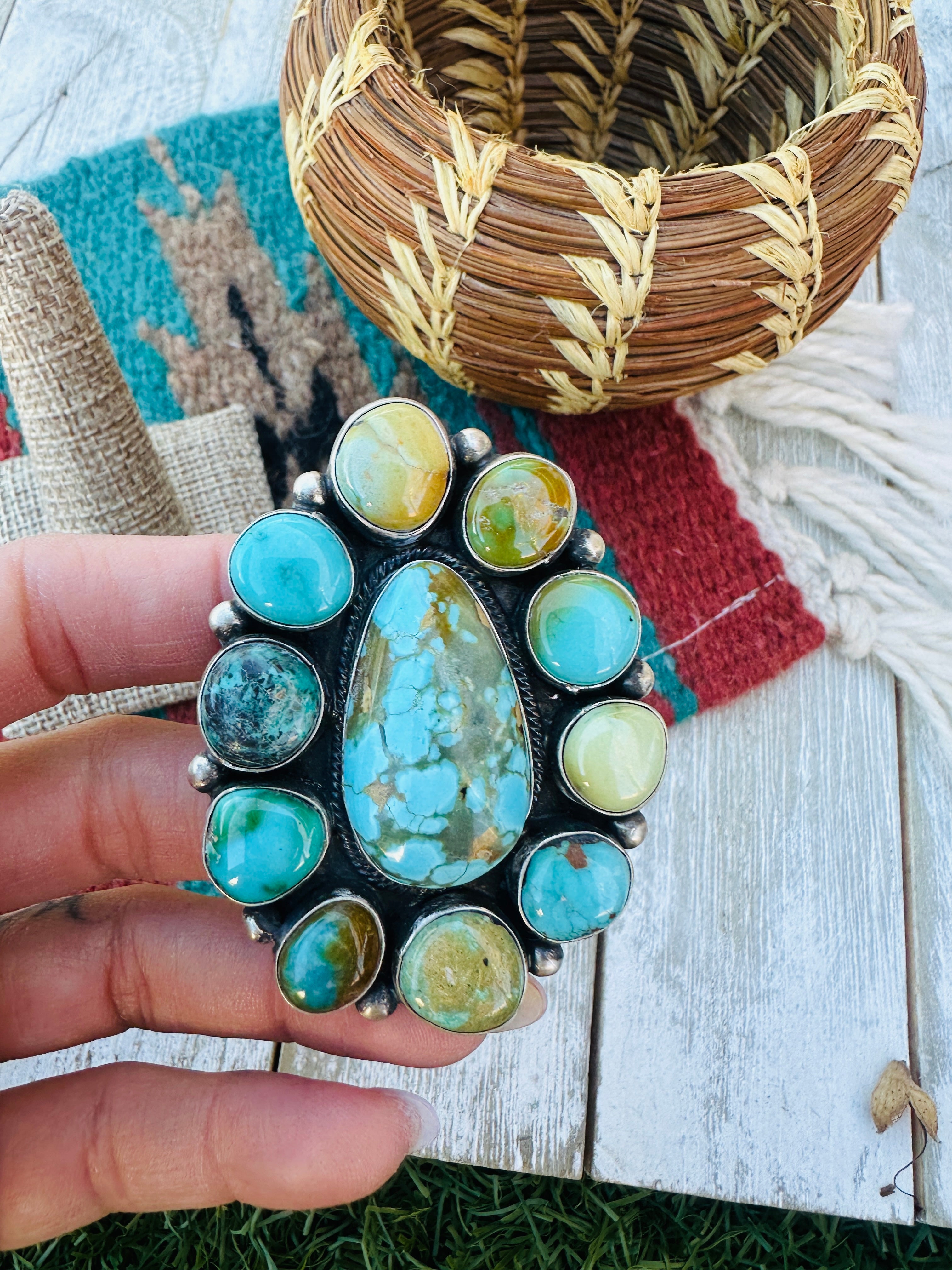 Hand Crafted Turquoise & Sterling Silver Cluster Ring Size 6.5 by Ella Peter