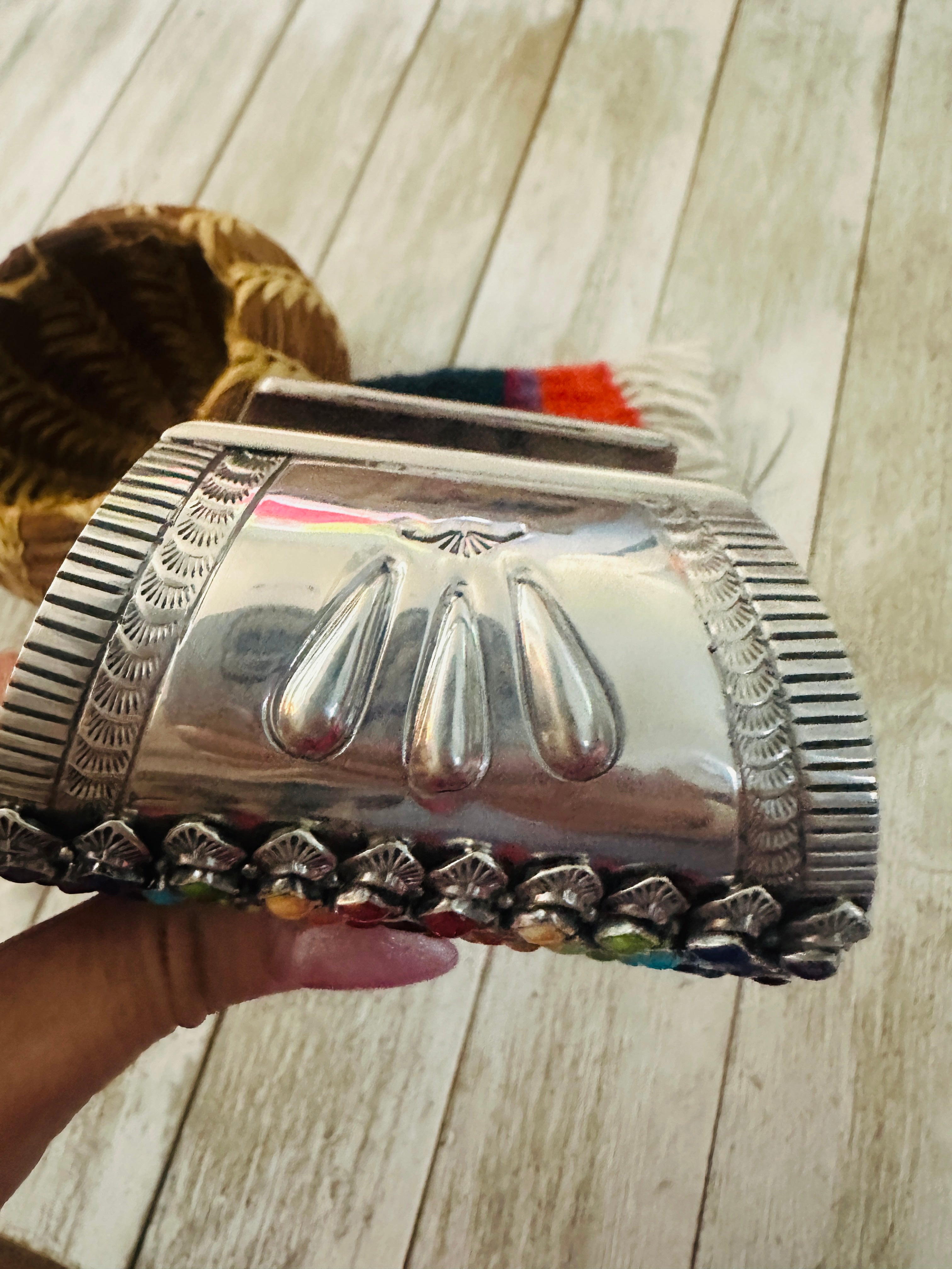 Handcrafted Rainbow Multi Stone & Sterling Silver Cuff Bracelet by Alice Lister