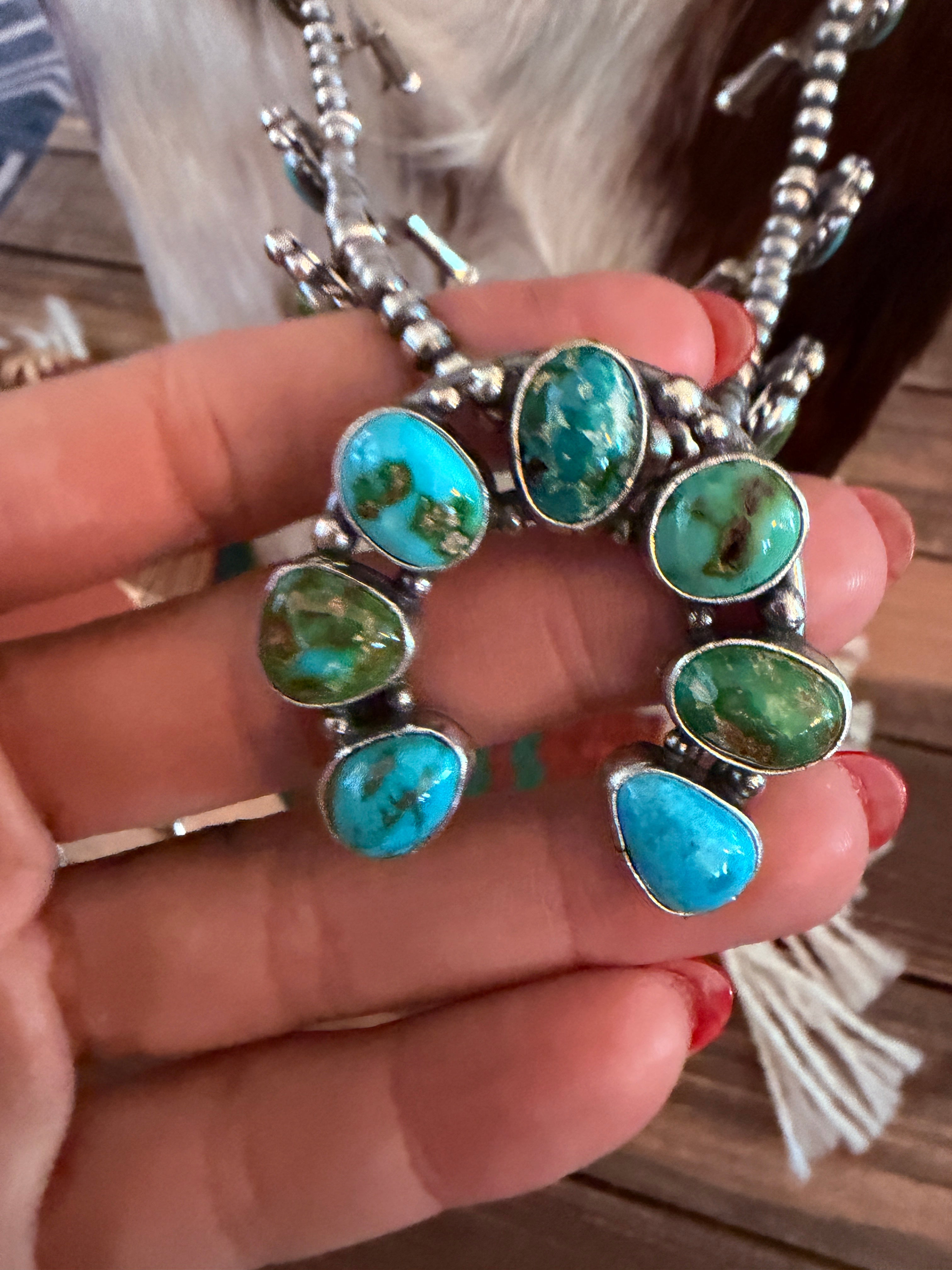 Handcrafted Sonoran Mountain Turquoise & Sterling Silver Squash Blossom Necklace and Earring Set