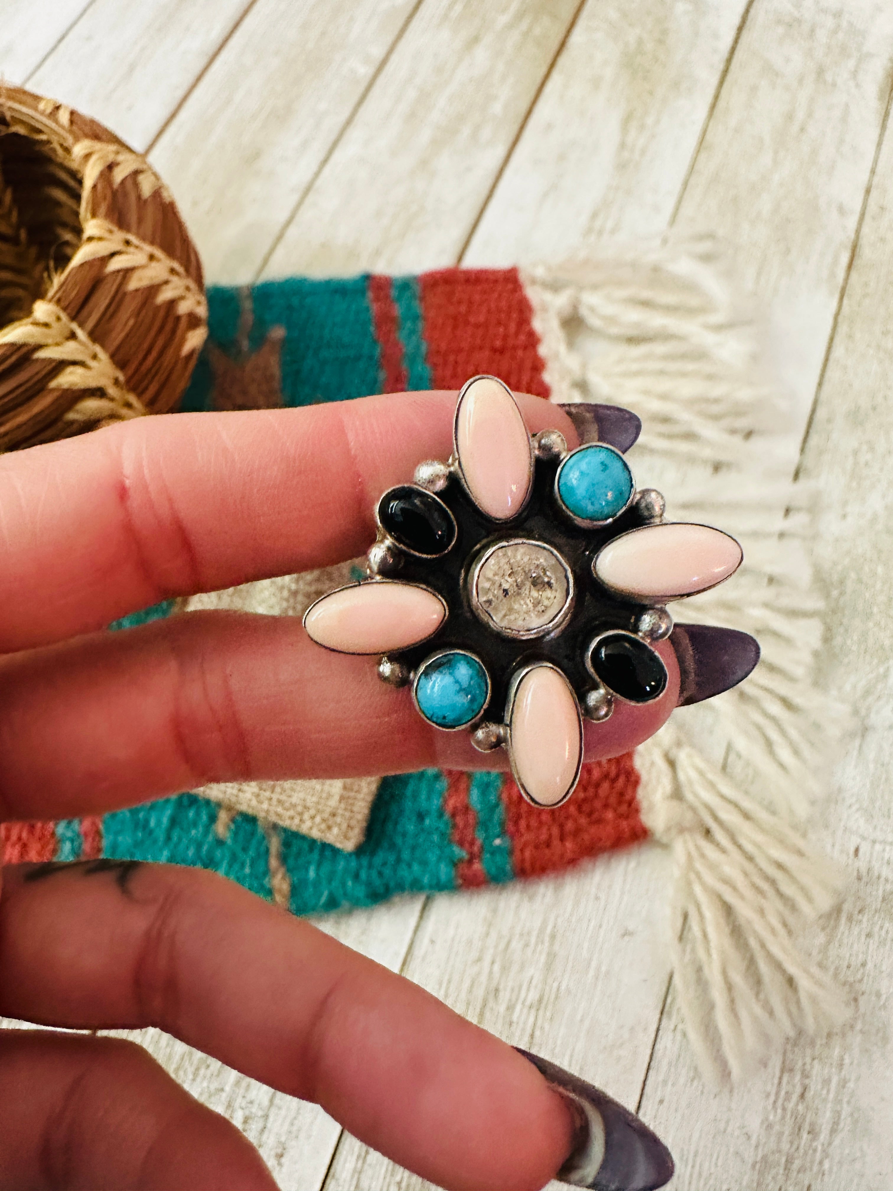 Handcrafted Queen Pink Conch, Onyx, Turquoise & Sterling Silver Adjustable Ring by Jacqueline Silver