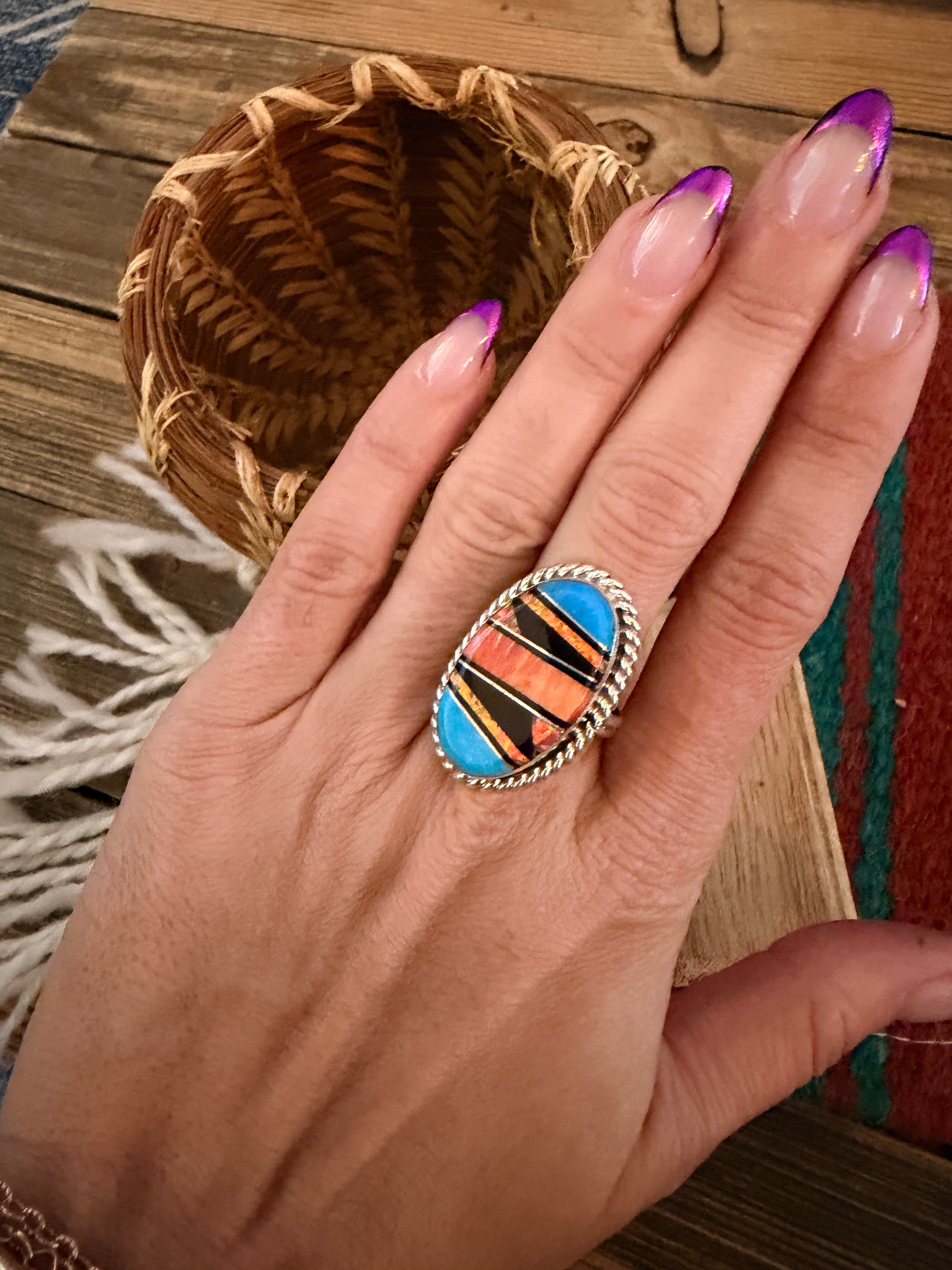 Handcrafted Multi Stone & Sterling Silver Inlay Ring Size 9