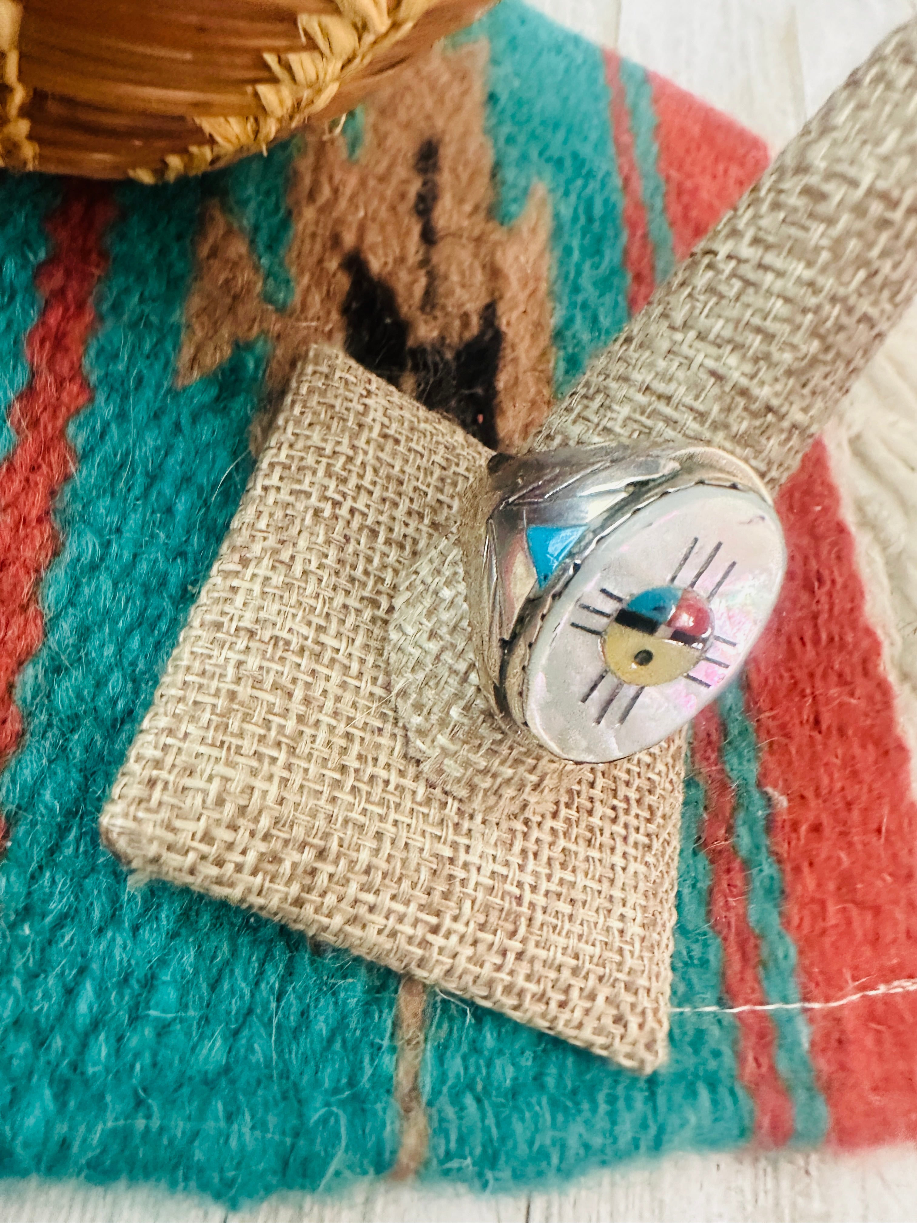 Handcrafted Old Pawn Sterling Silver & Multi Stone Inlay Sun Face Ring Size 11