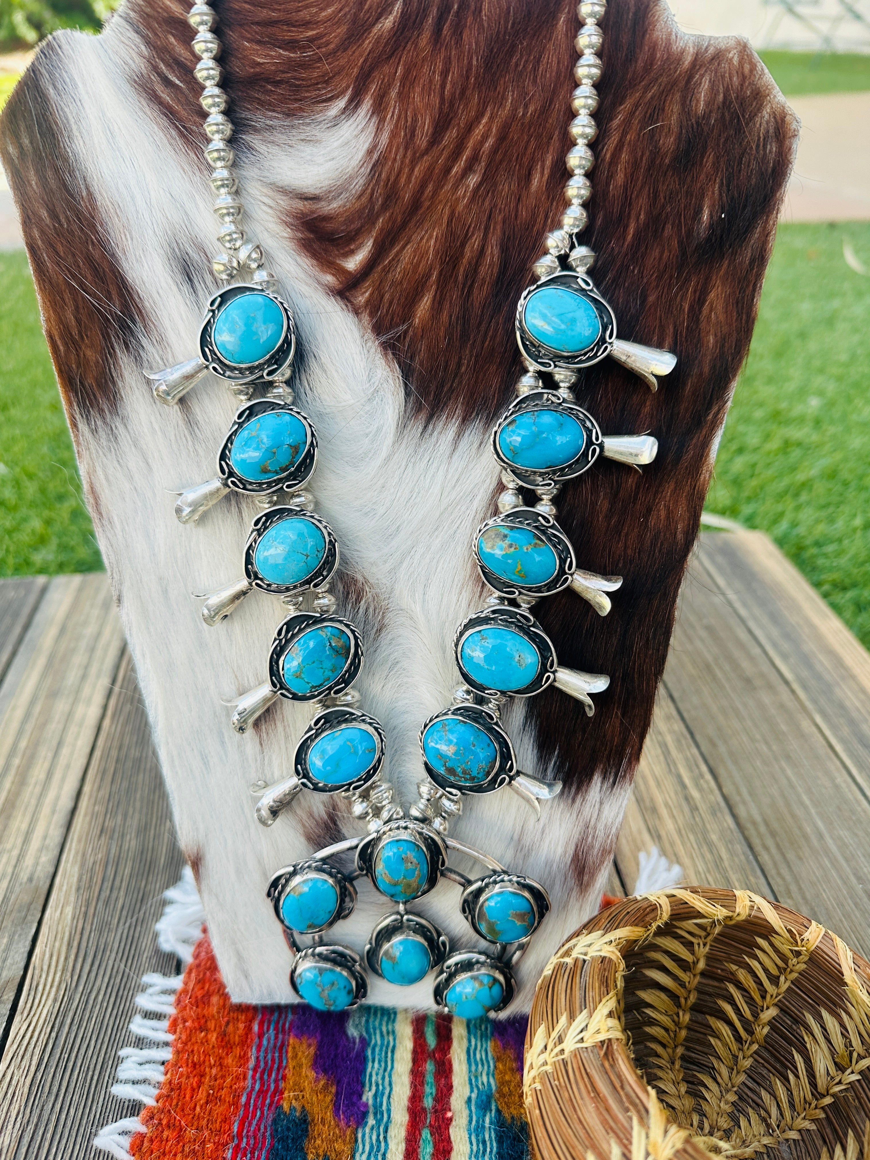 Old Pawn Handcrafted Morenci Turquoise & Sterling Silver Beaded Squash